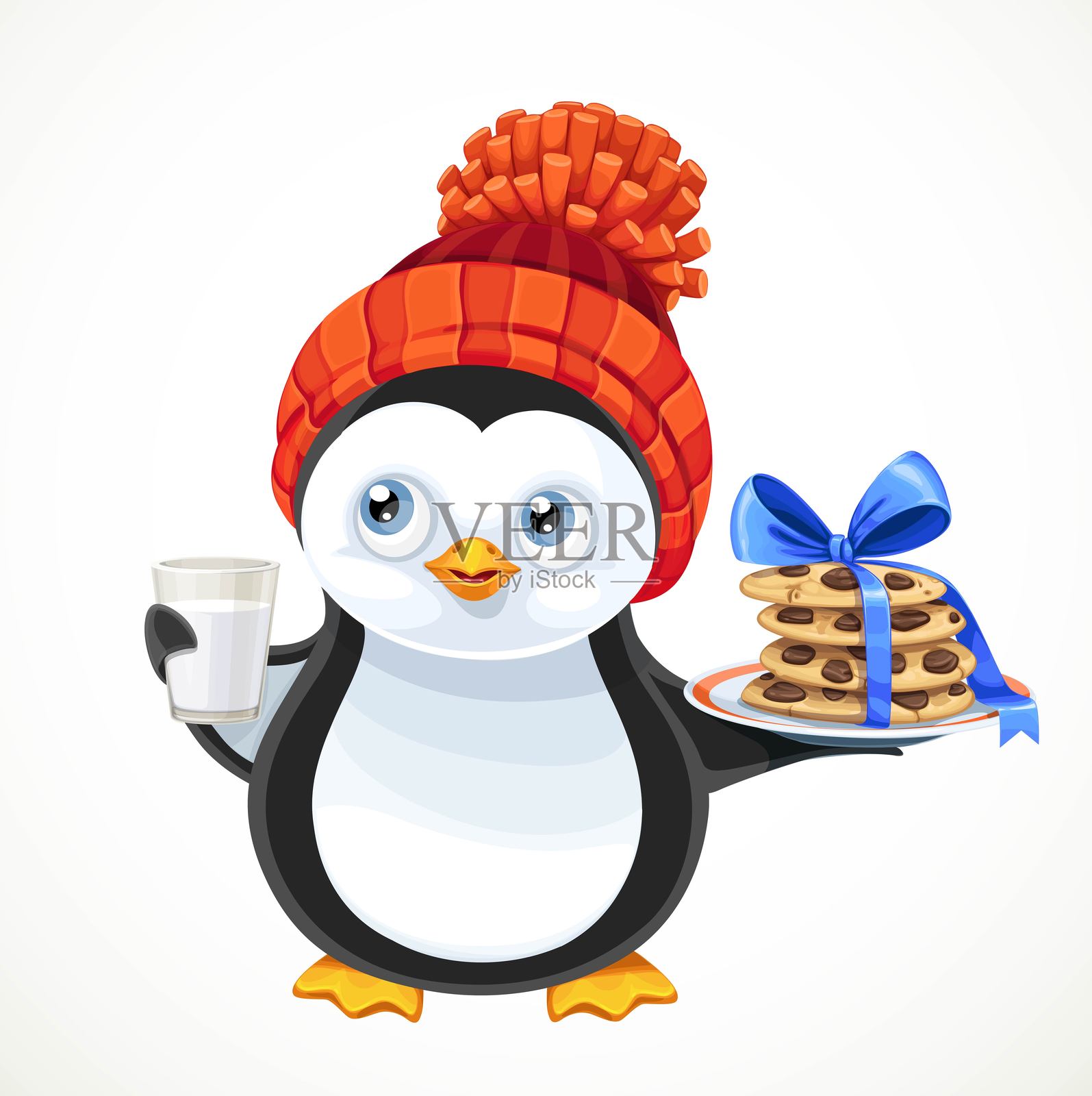 可爱的小企鹅戴着针织帽，手里拿着饼干和牛奶，背景为白色。插画图片素材