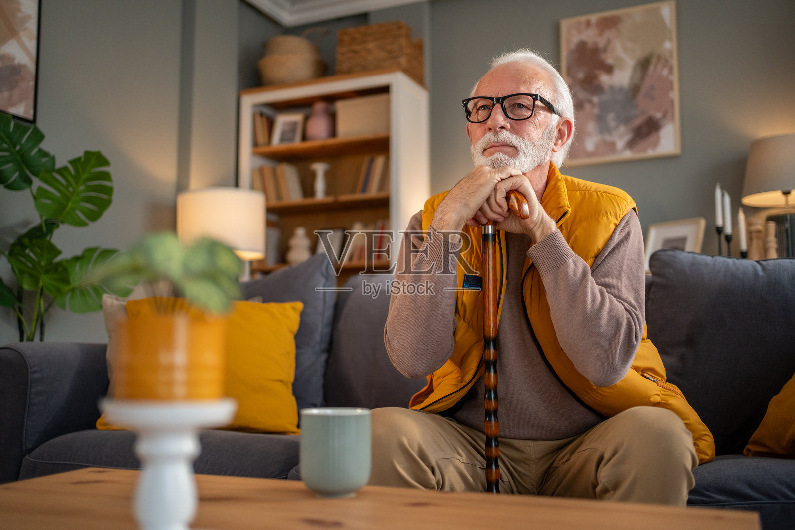 一位老年男子在家中坐在沙发上，手里拿着拐杖，沉思着。照片摄影图片