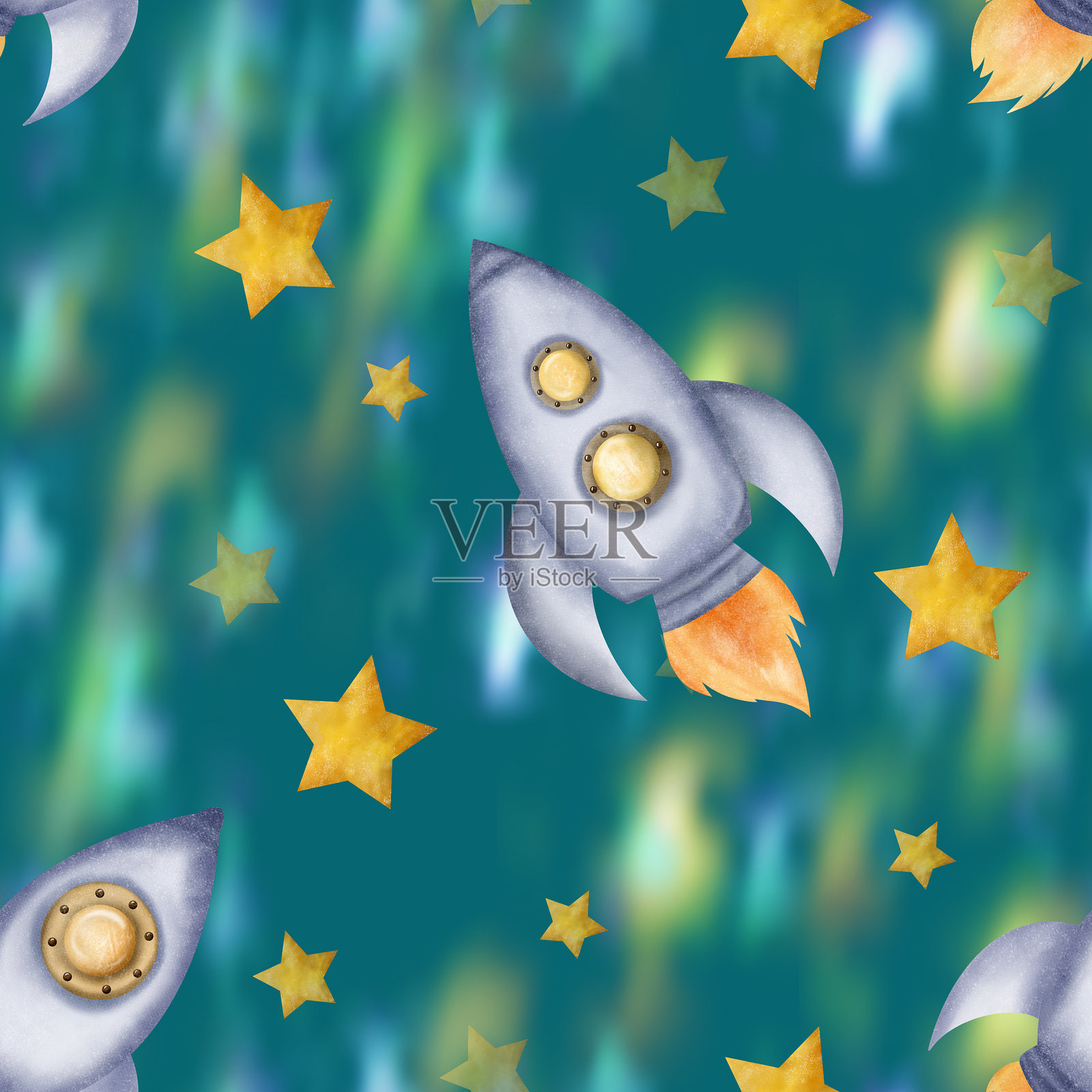 美丽的绿色无缝图案，包含太空火箭、宇宙飞船、星星和星云，夜空太空背景。数字水彩。适合儿童服装、纺织品和包装设计。插画图片素材