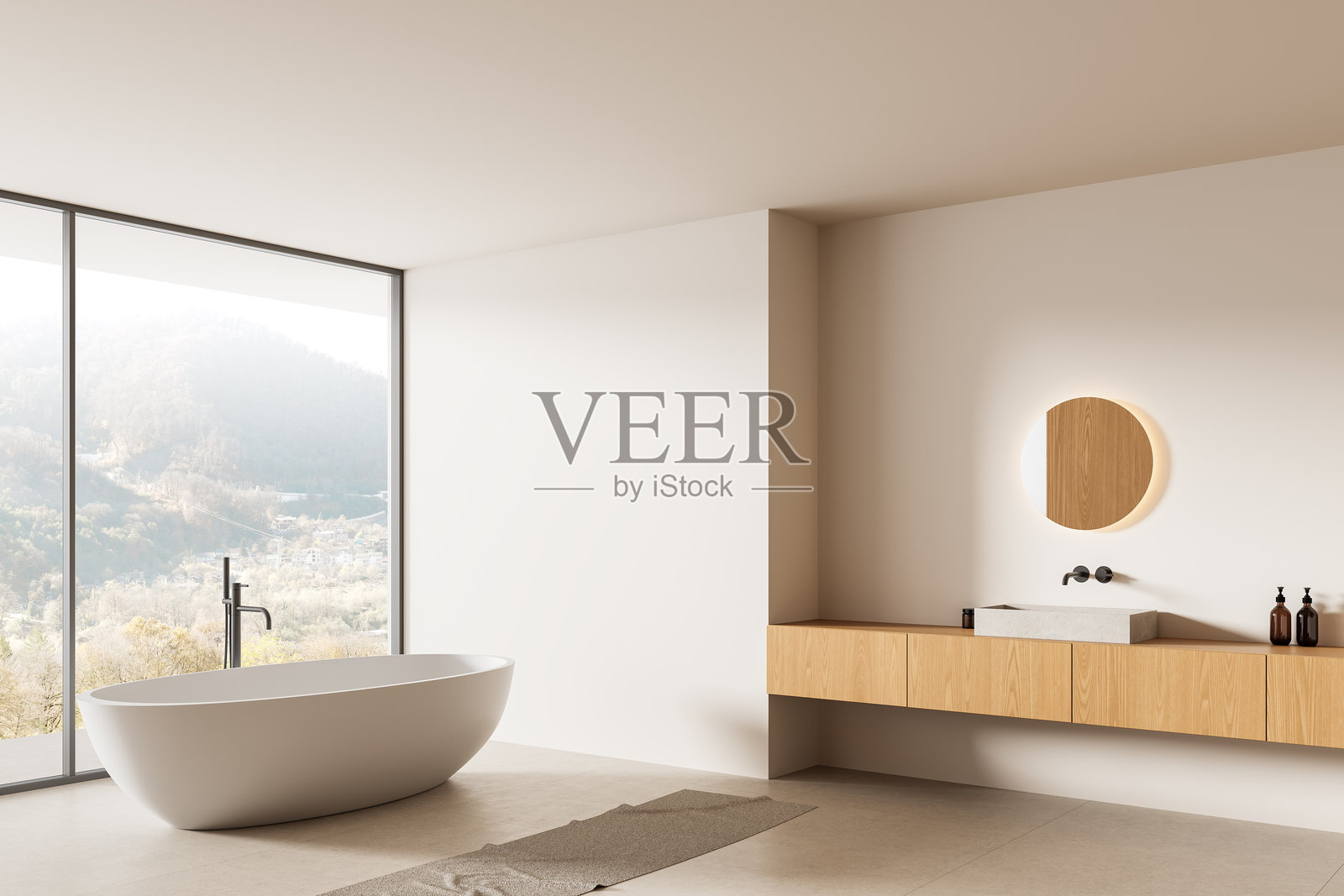 现代简约风格的浴室室内，配有独立浴缸、木质梳妆台，以及通过大玻璃窗欣赏到的全景山景。3D渲染图照片摄影图片