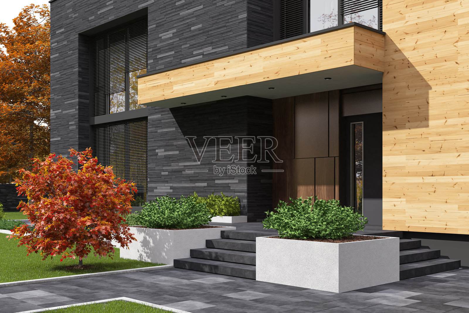 现代两层住宅，拥有石板和木材外立面，秋季环境中。照片摄影图片