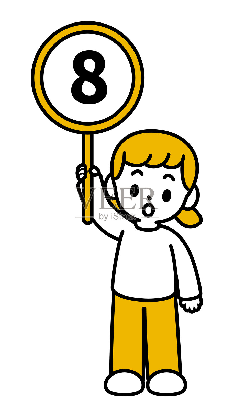 一个可爱的女孩手持一个写有数字“8”的圆形标志，正面朝向观众。黑色轮廓，平面色彩，极简风格。插画图片素材