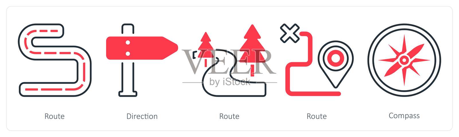 一组包含5个混合图标的路线、方向和指南针插画图片素材