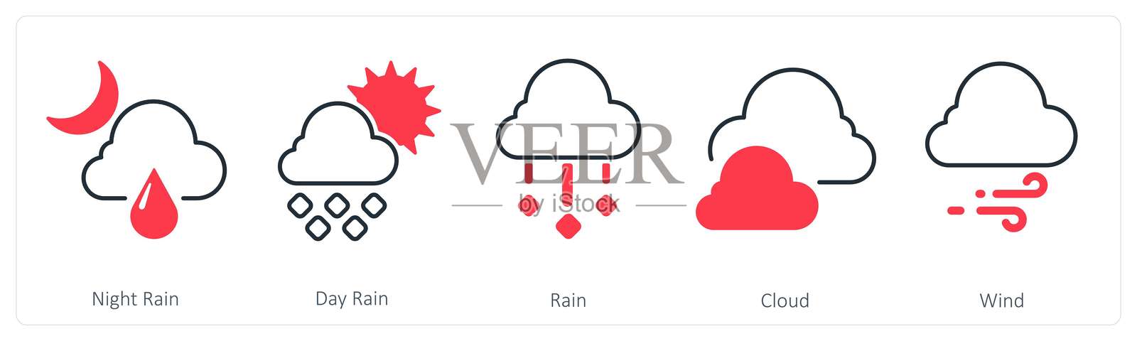 一组包含5个混合图标，分别为夜间降雨、白天降雨和降雨。插画图片素材