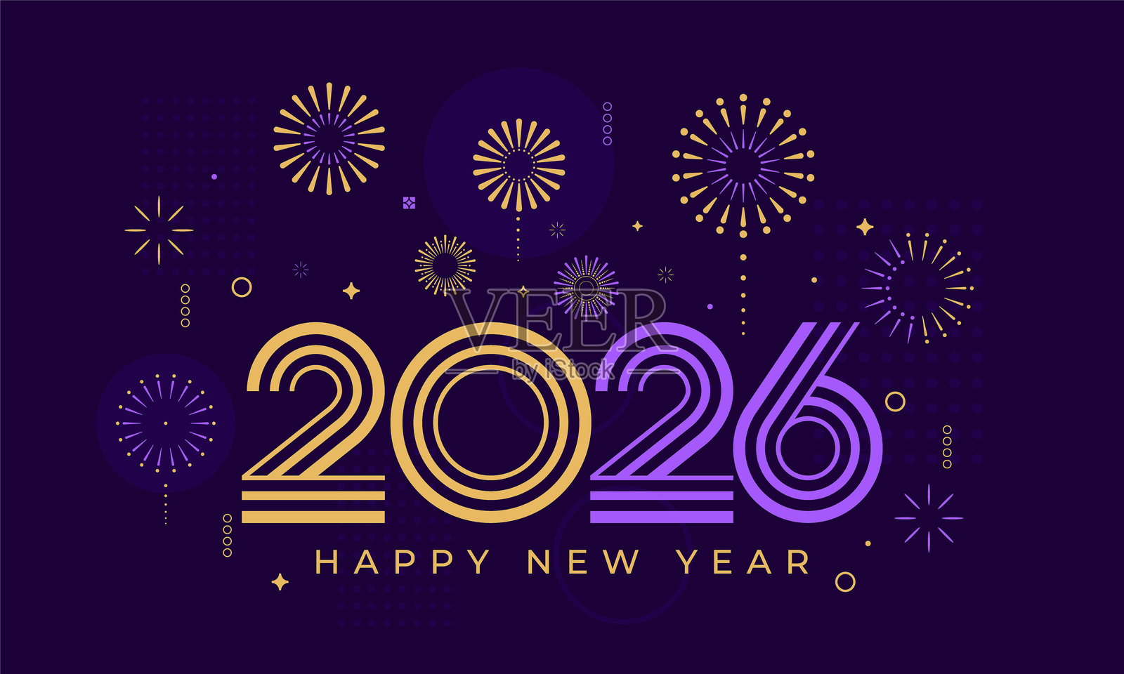 2026年快乐新年，烟花设计矢量插图。独特的2026标志设计模板。金色和紫色。插画图片素材