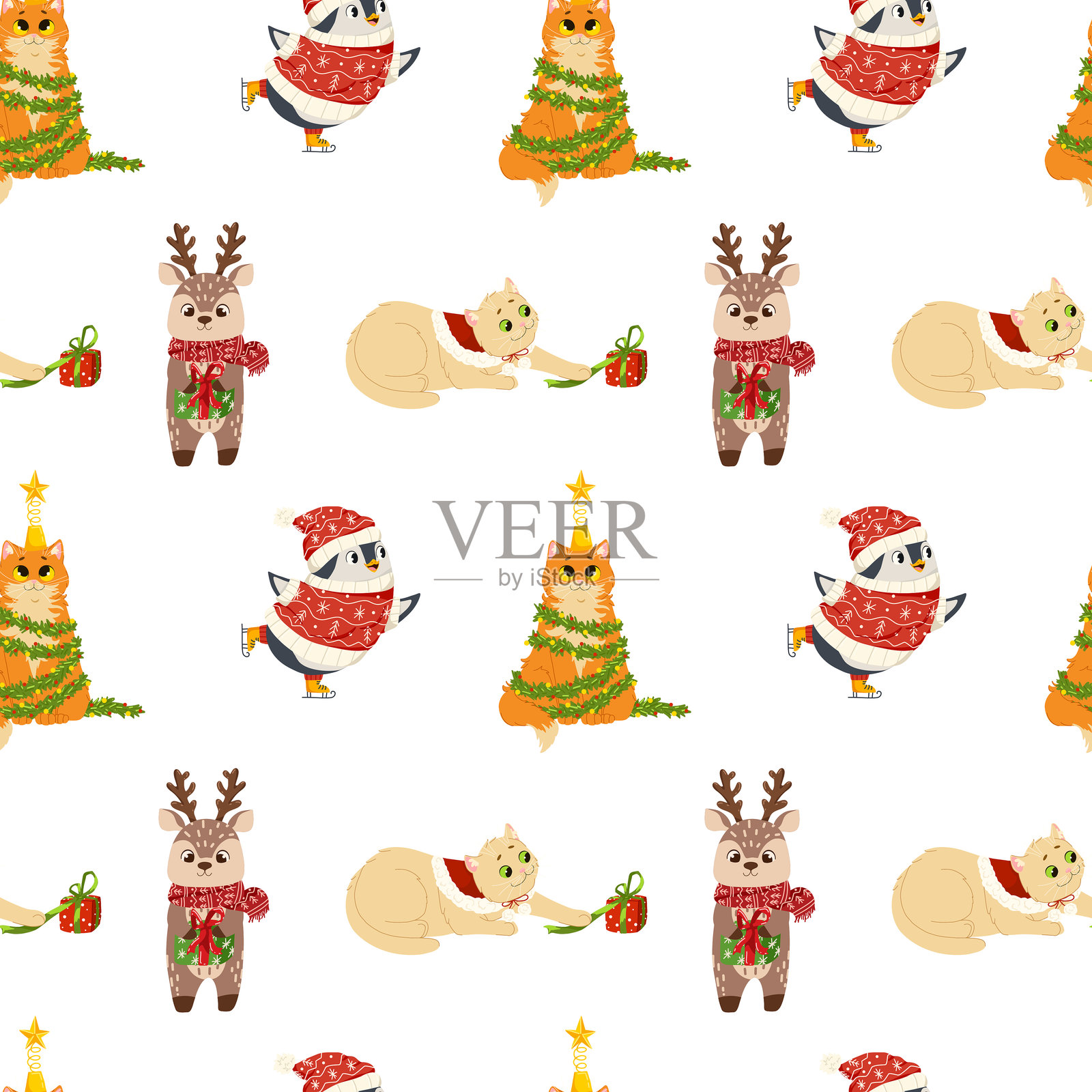 带有企鹅、猫和鹿庆祝圣诞节的无缝矢量图案。这是一款可爱的节日主题设计，适合各种创意项目。插画图片素材