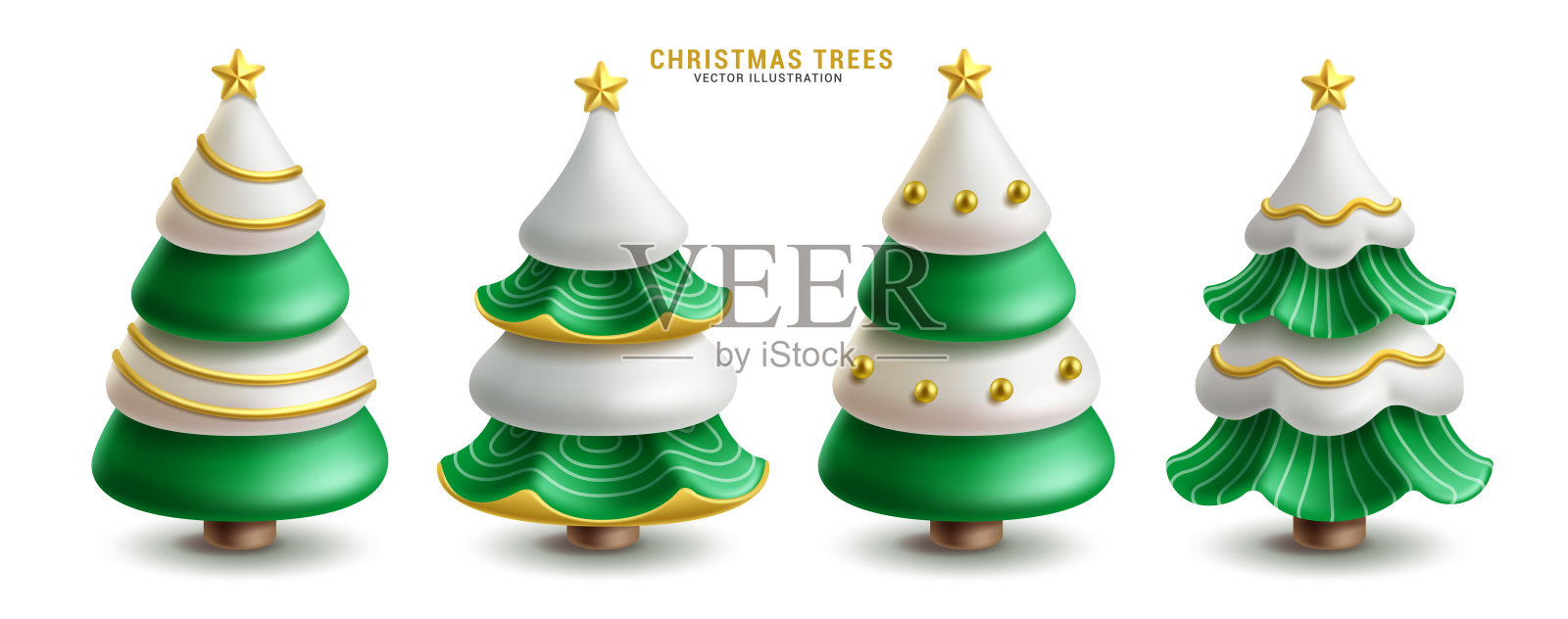 圣诞树元素剪贴画套件。优雅的松树配有金色装饰，螺旋和曲线设计的剪贴画合集插画图片素材