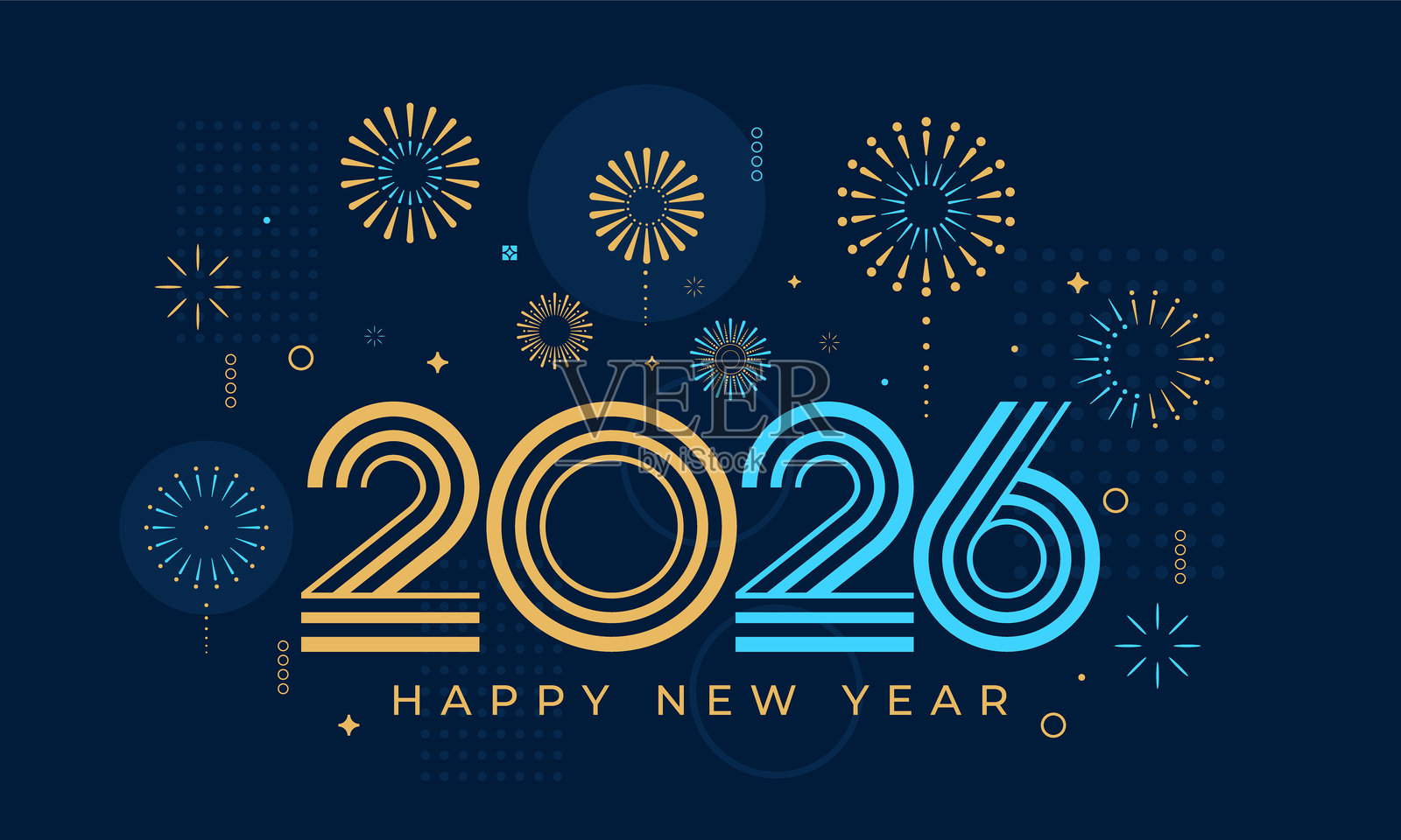 2026年快乐新年，烟花设计矢量插图。独特的2026标志设计模板。金色和蓝色。插画图片素材