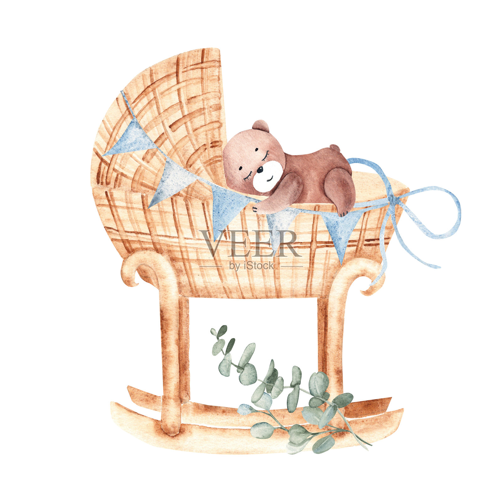 水彩插图：用桉树枝装饰的藤编婴儿摇篮，里面有一个毛绒泰迪熊玩具。手绘复古风格的婴儿床。适合新生儿贺卡、生日卡、婴儿洗礼邀请函及男孩派对。插画图片素材