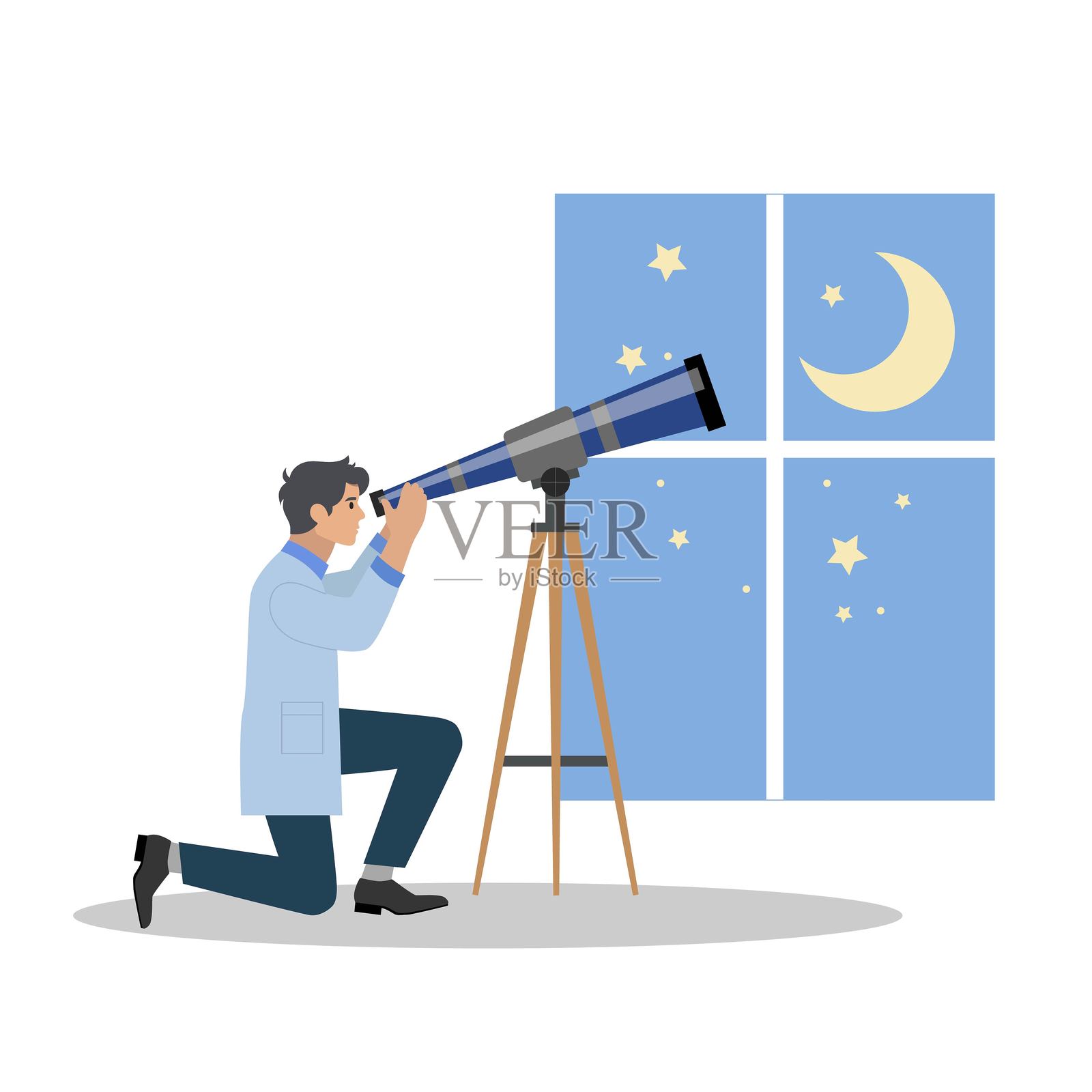 天文学家。男子通过望远镜观察星星。矢量插图。插画图片素材