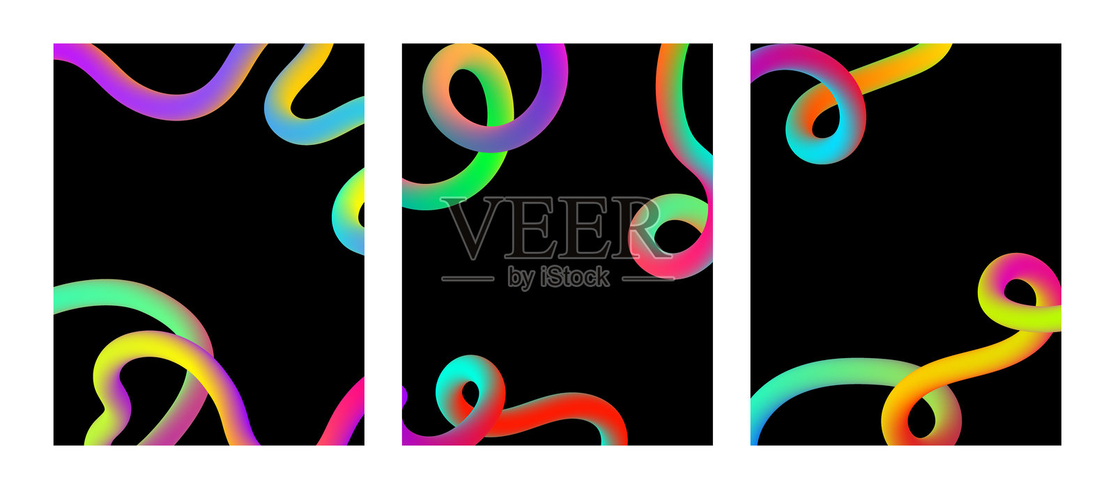 抽象渐变波浪形海报模板，留有空白。黑色背景上的霓虹线条组合。明亮多彩的彩虹波浪。流动的生动元素用于封面传单卡片。插画图片素材