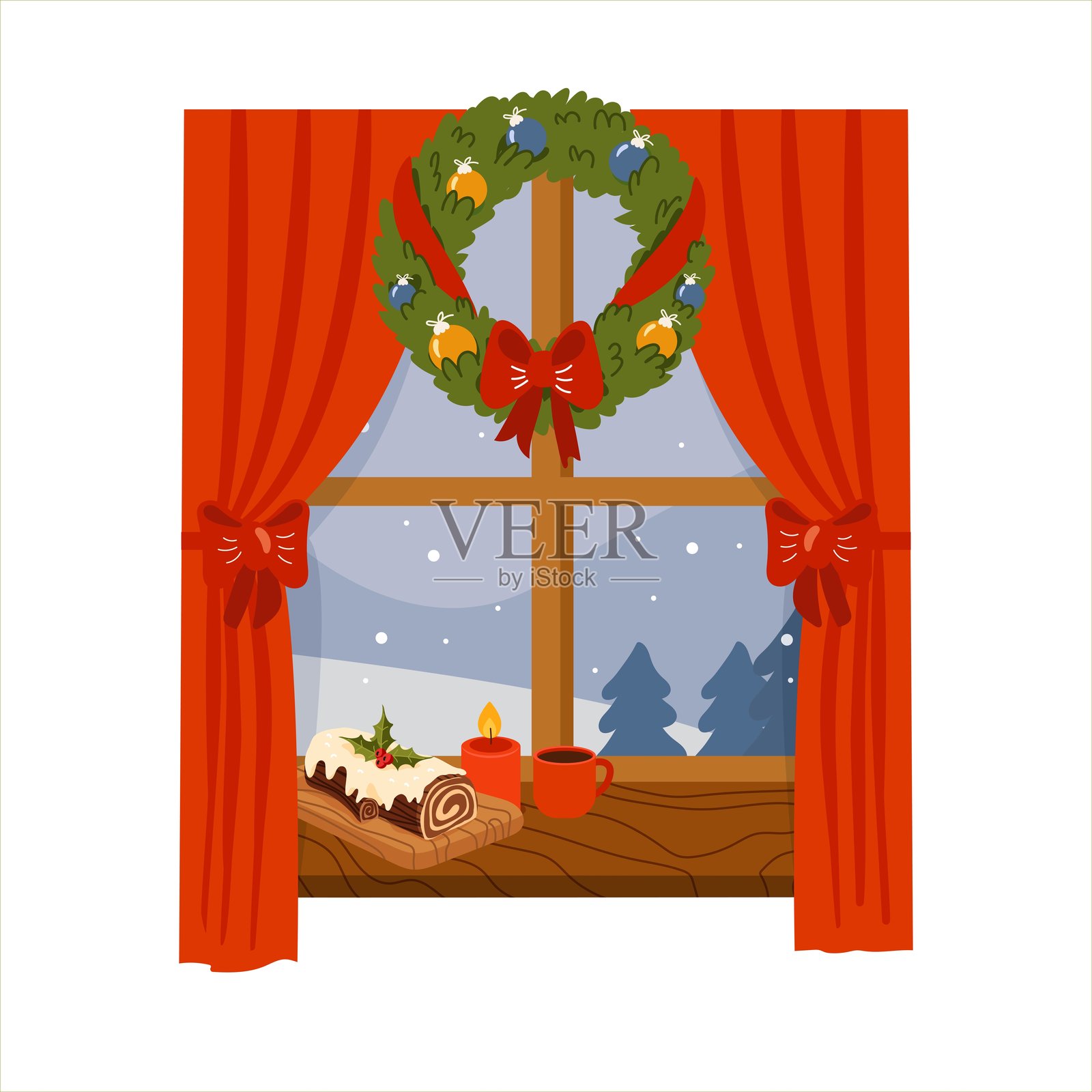 圣诞窗户场景，摆放着巧克力树桩蛋糕、蜡烛、杯子和节日花环插画图片素材