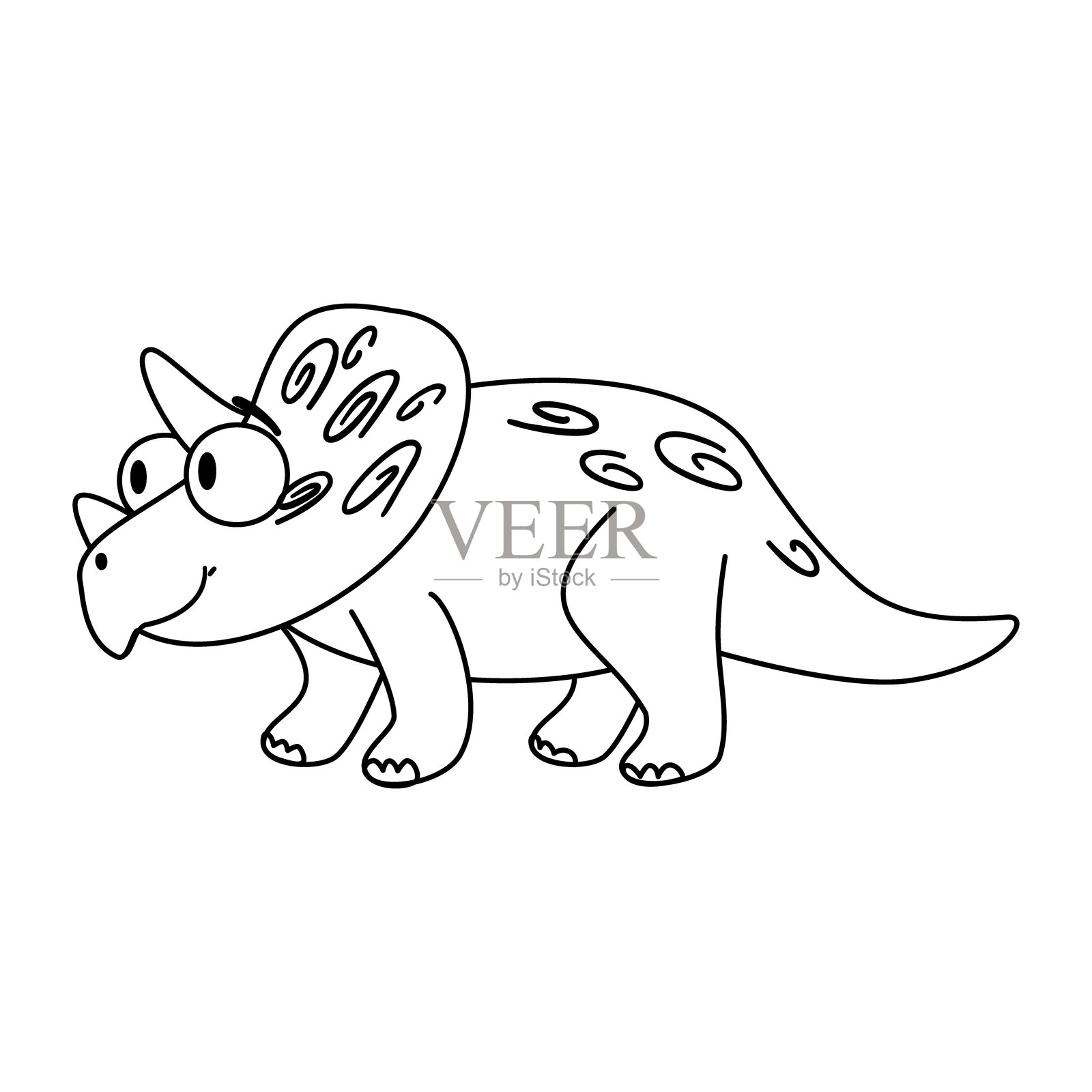 一只卡通风格的三角龙，圆润的身体，大大的眼睛，背上有装饰图案。恐龙面带微笑，四条腿站立。插画图片素材