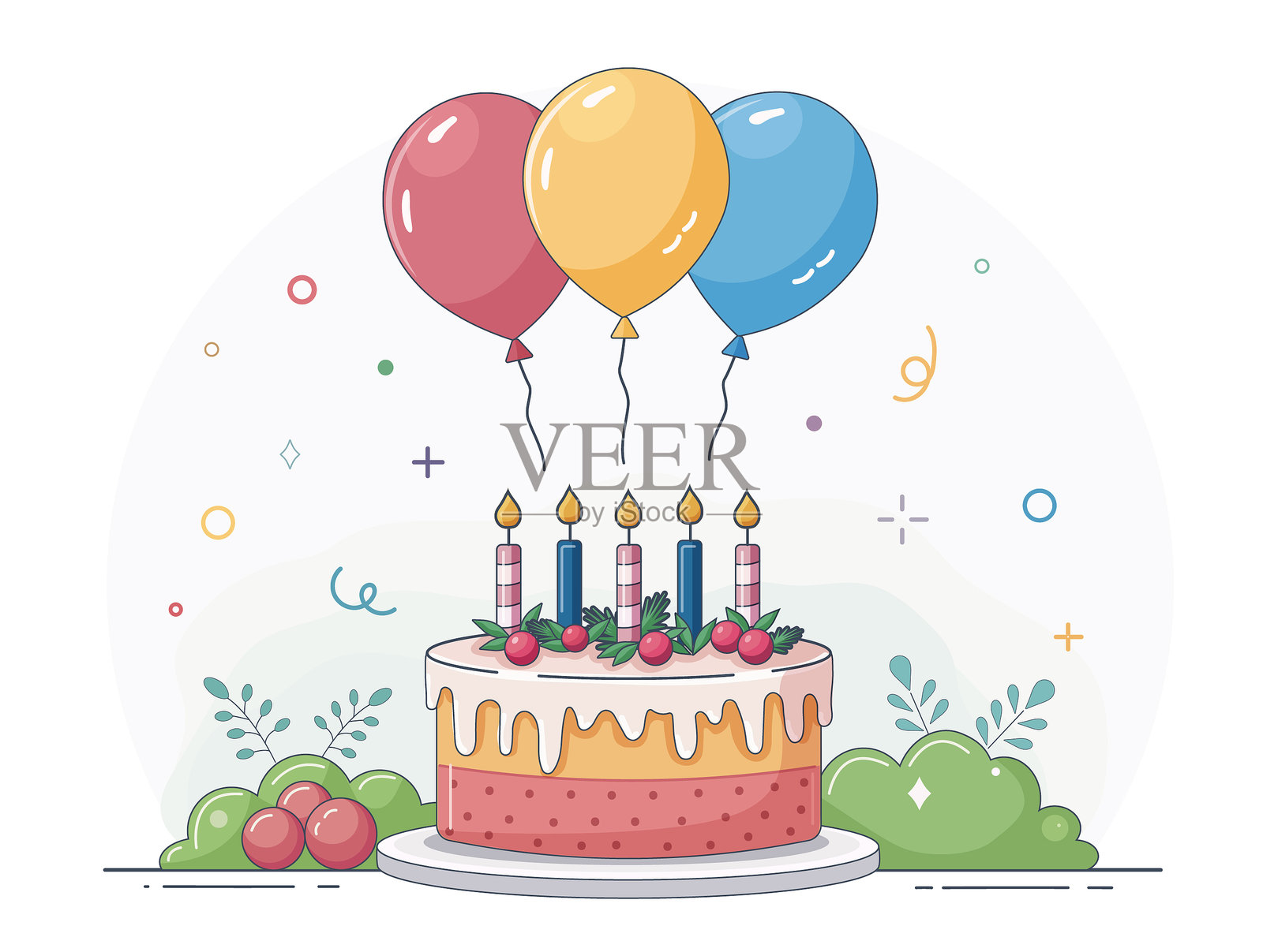 庆祝蛋糕上有蜡烛、气球、浆果和装饰，背景为柔和色调插画图片素材