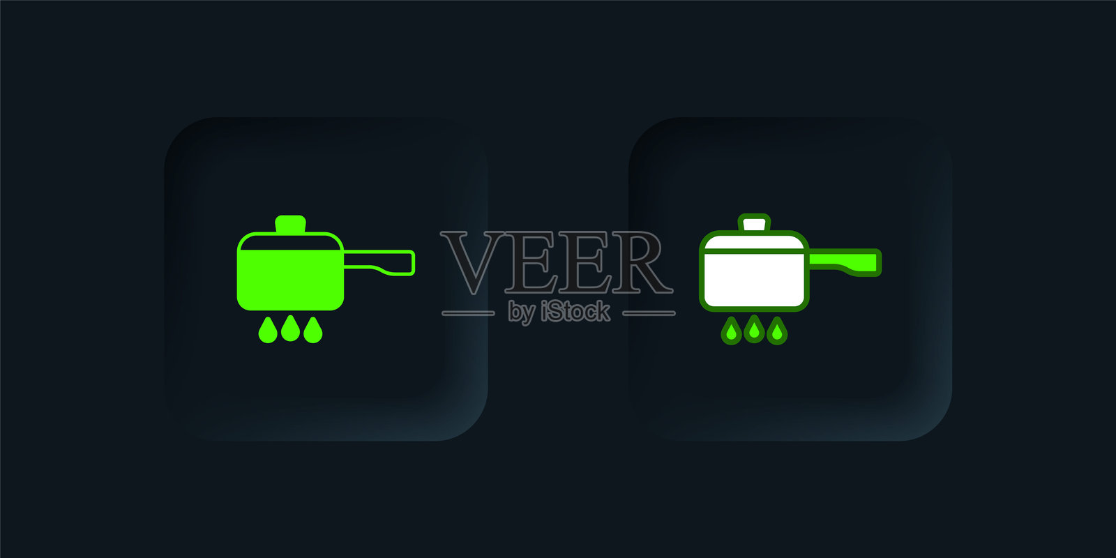 绿色炊具在火上图标，黑色背景下。煮或炖食物的符号。黑色方形按钮。矢量图。插画图片素材