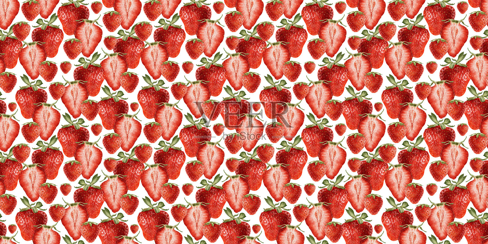 成熟的整颗红色浆果和草莓切半的背景。水彩夏季无缝图案设计。野生浆果的无尽印刷，适用于包装、化妆品、桌布壁纸和纺织品。插画图片素材