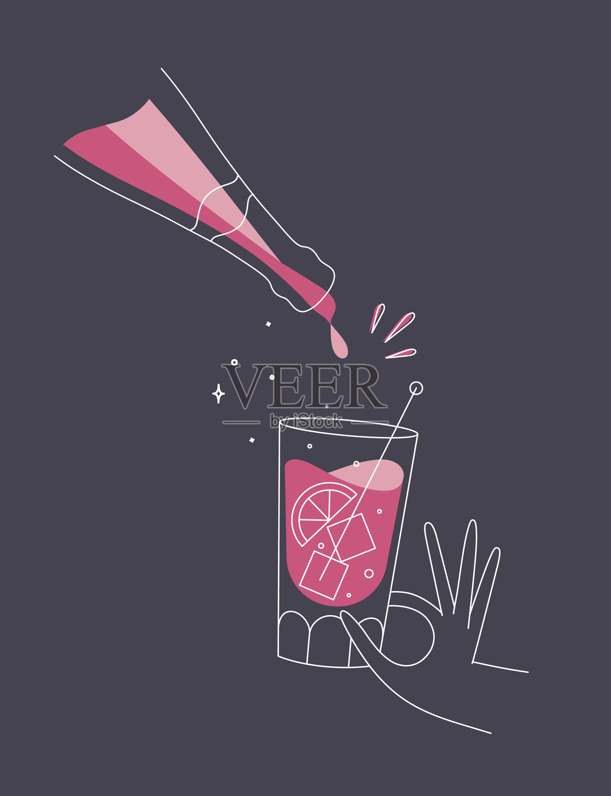 手握古巴自由鸡尾酒的玻璃杯和深蓝色瓶子插画图片素材