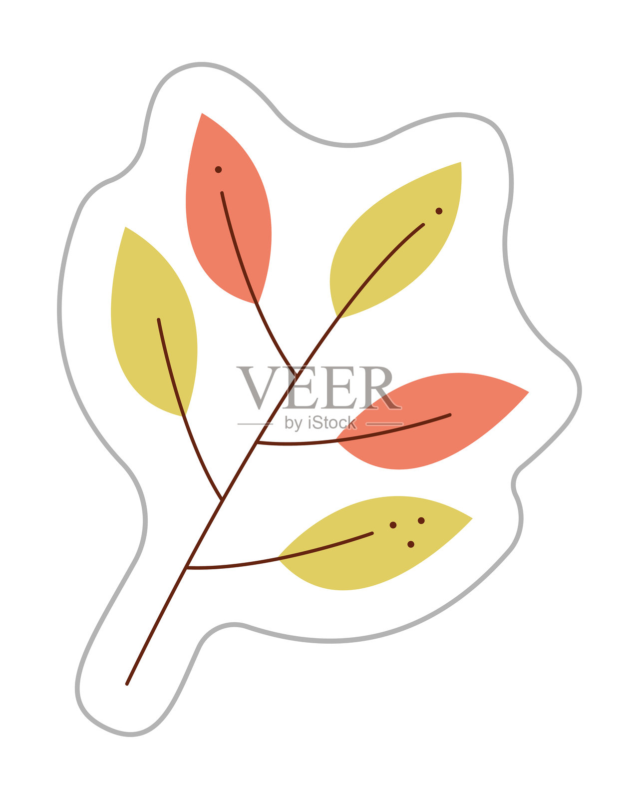 带有叶子的抽象树枝贴纸。彩色手绘剪贴画插图。插画图片素材