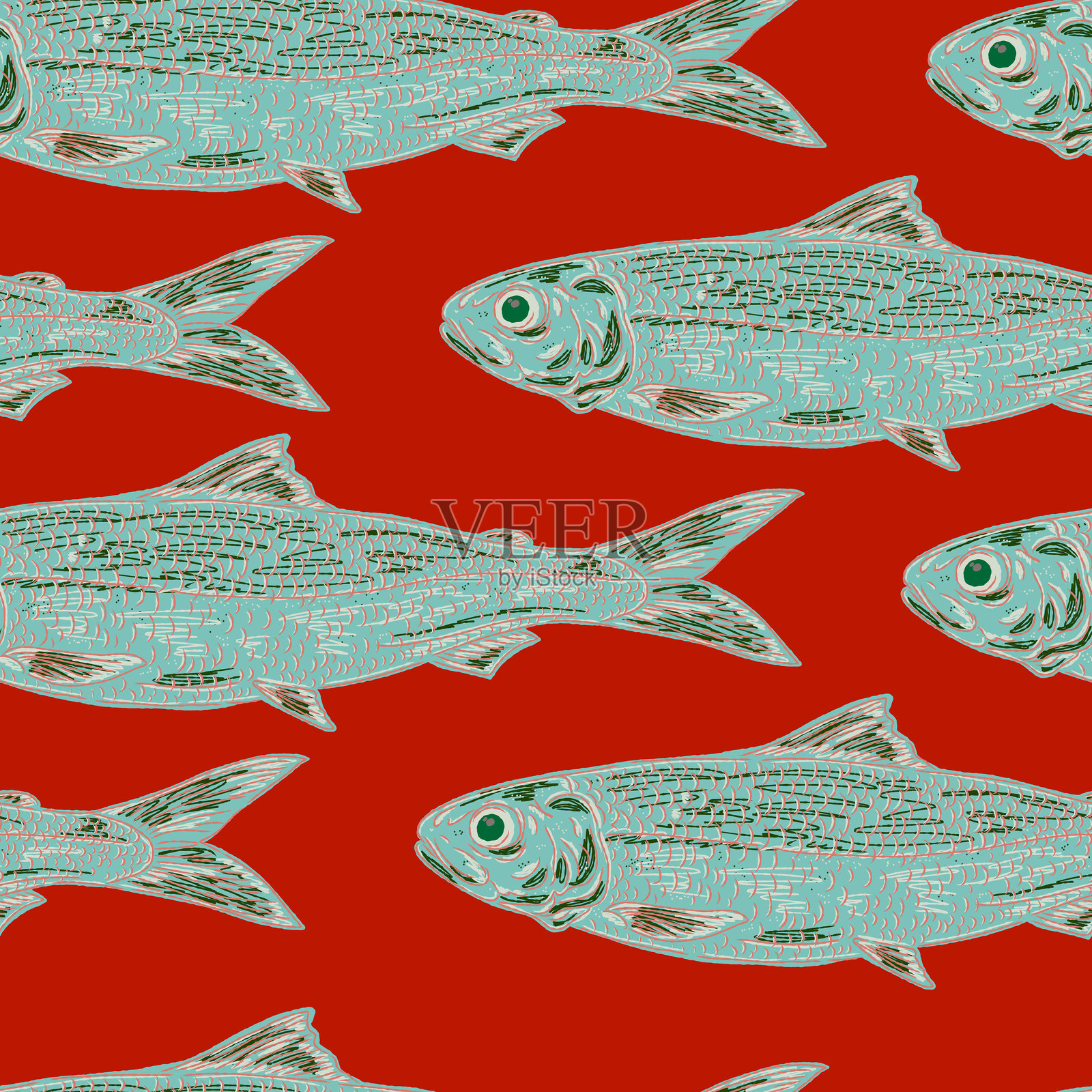 沙丁鱼。现代复古插图，带有素描元素。地中海风格的无缝图案。插画图片素材
