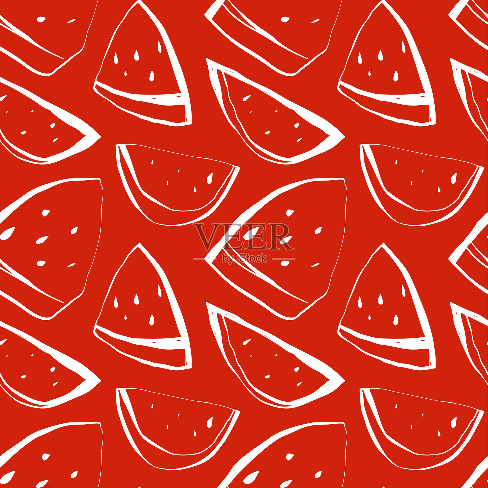明亮红色背景上手绘风格的白色西瓜片无缝图案，适用于夏季项目插画图片素材
