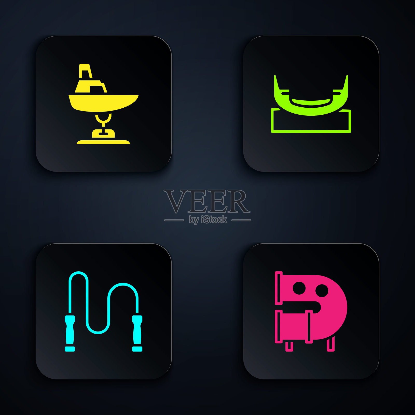 儿童游乐场滑梯管、秋千船、跳绳和船秋千。黑色方形按钮。矢量图。插画图片素材