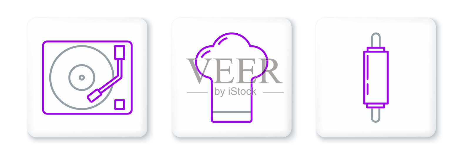 滚动擀面杖、黑胶唱机与黑胶唱片、厨师帽图标。矢量图。插画图片素材