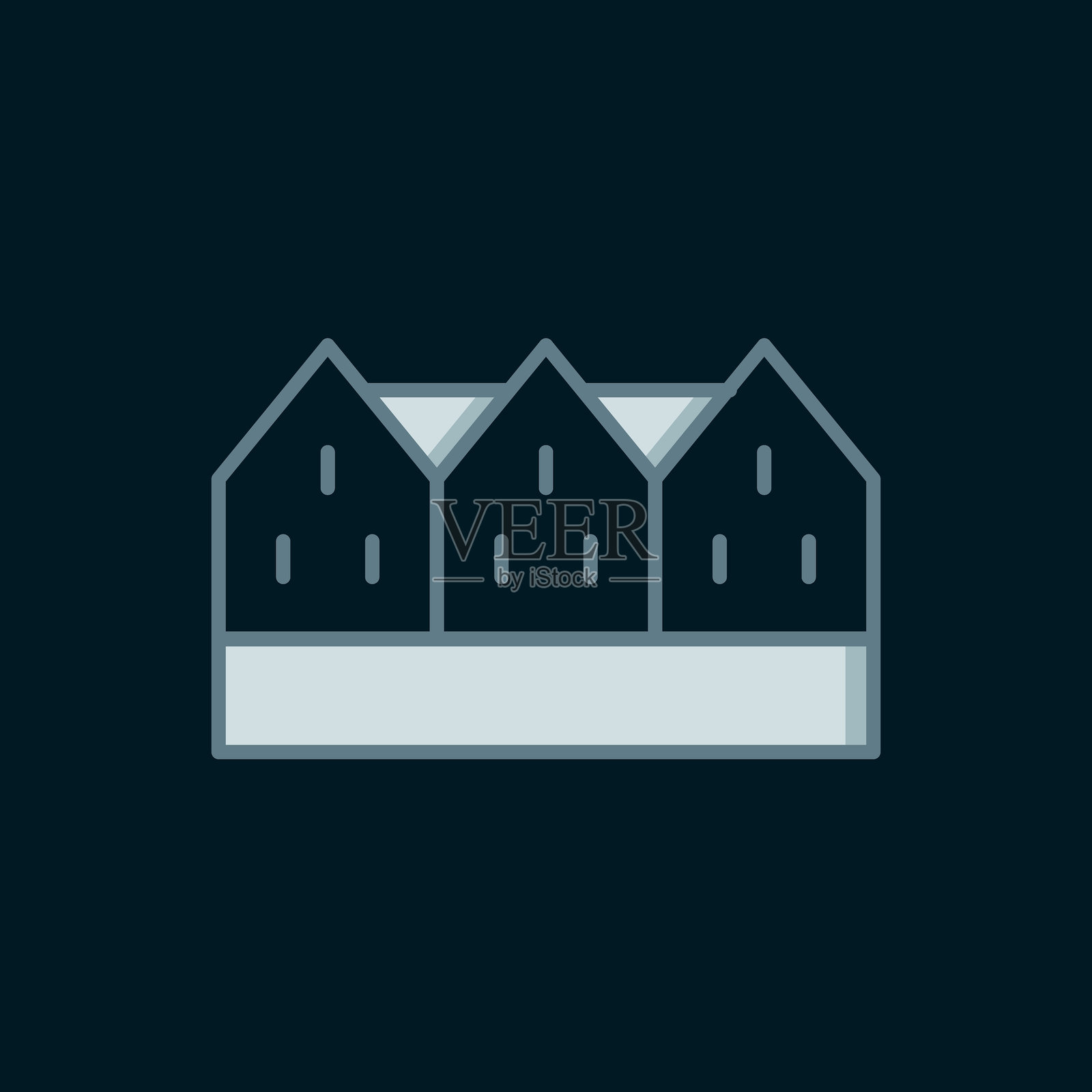 冰岛木屋图标，线条风格，黑色背景。冰岛建筑元素。扁平填充轮廓风格，带阴影。矢量图。插画图片素材