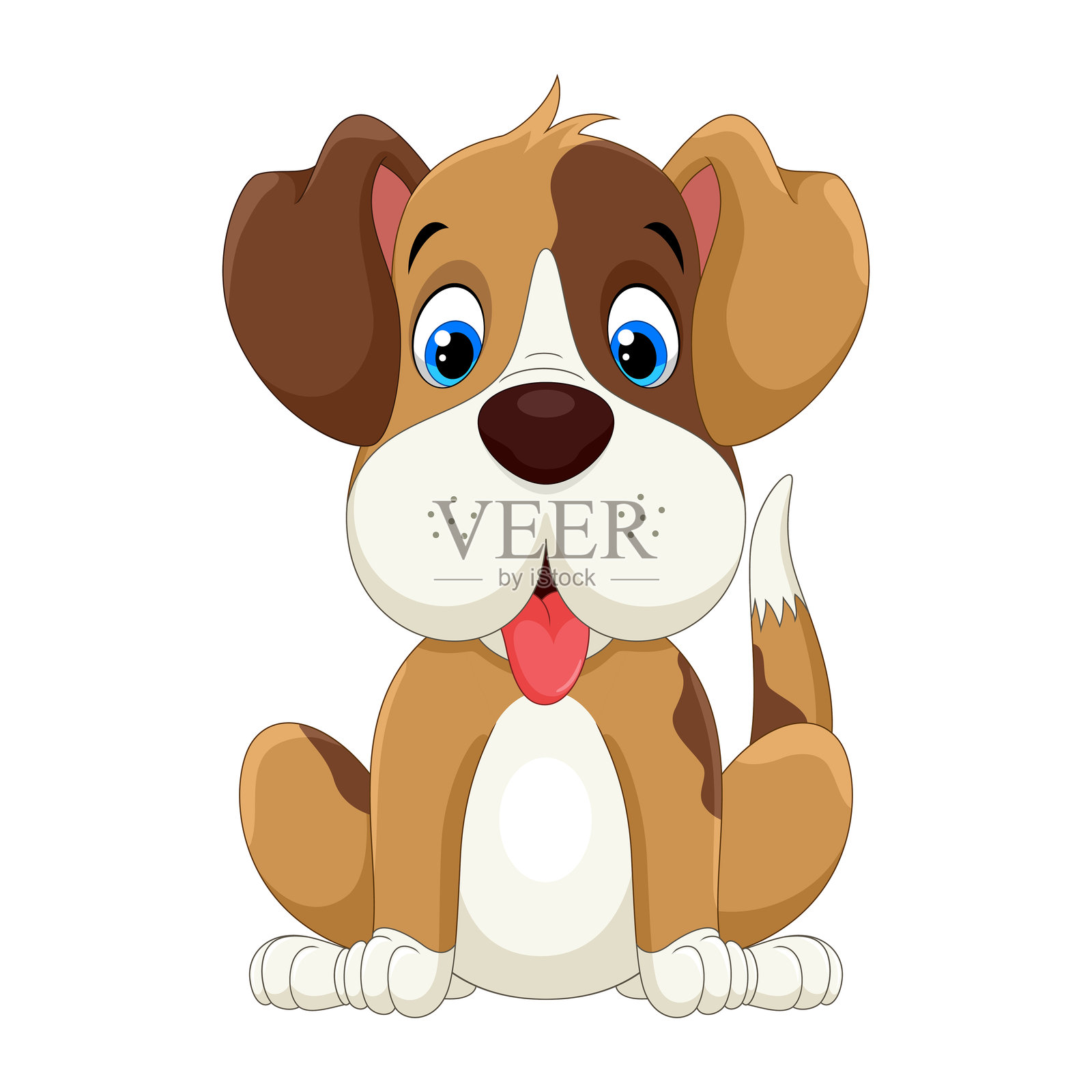 可爱的小狗卡通形象坐在白色背景上，矢量插图插画图片素材