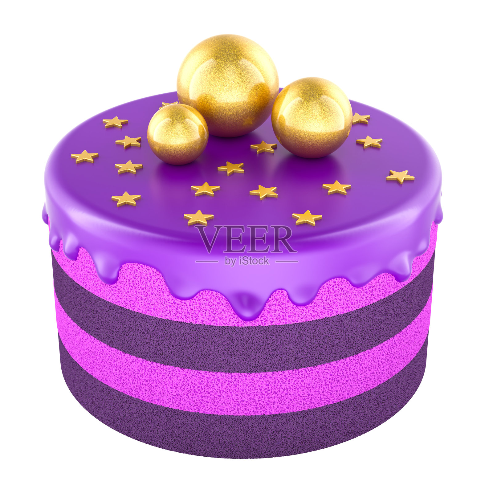 紫色蛋糕上装饰着金色球和星星。浆果、蓝莓、黑莓口味，带有粉色和紫色层，光滑的糖霜。3D渲染。照片摄影图片