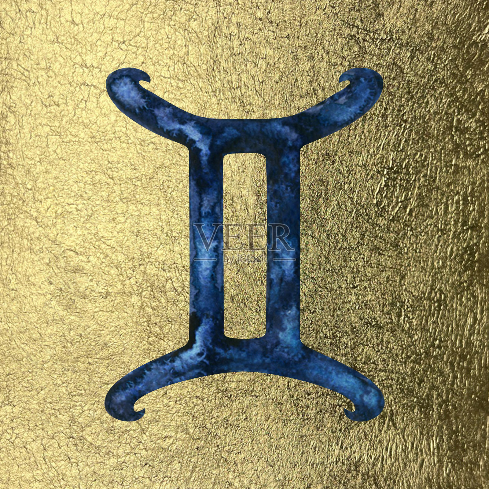 蓝色双子座星座符号，带有星空纹理，背景为金色老化金箔。水彩模板适用于星座日历、占星设计、卡片、星座运势、标签、标志、礼品和壁纸。插画图片素材