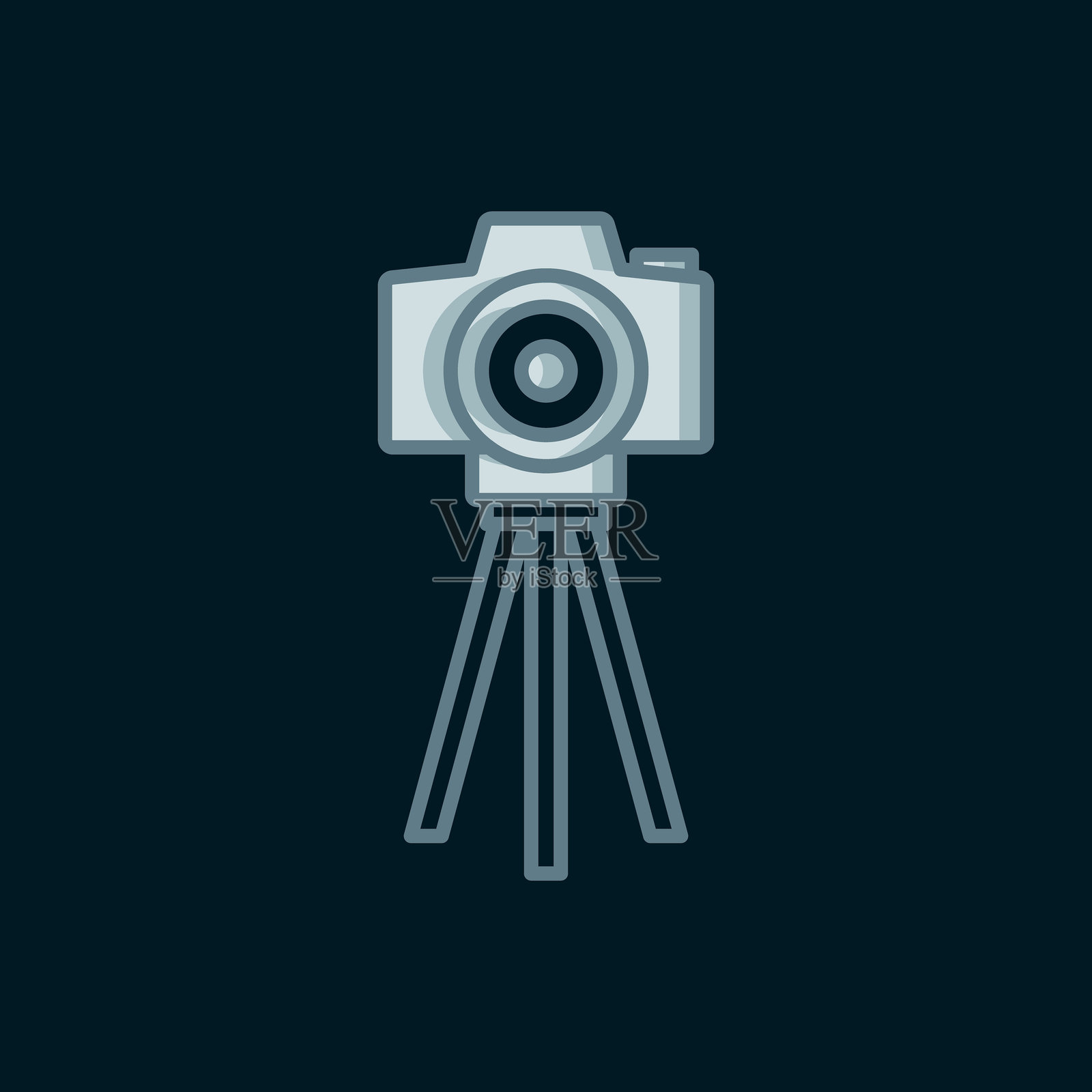 黑色背景上的线条相机图标。照片相机。数字摄影。平面填充轮廓风格，带阴影。矢量图。插画图片素材