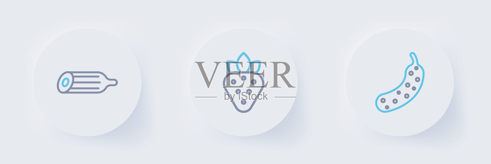 新鲜黄瓜、草莓和图标的线条插图。矢量图。插画图片素材