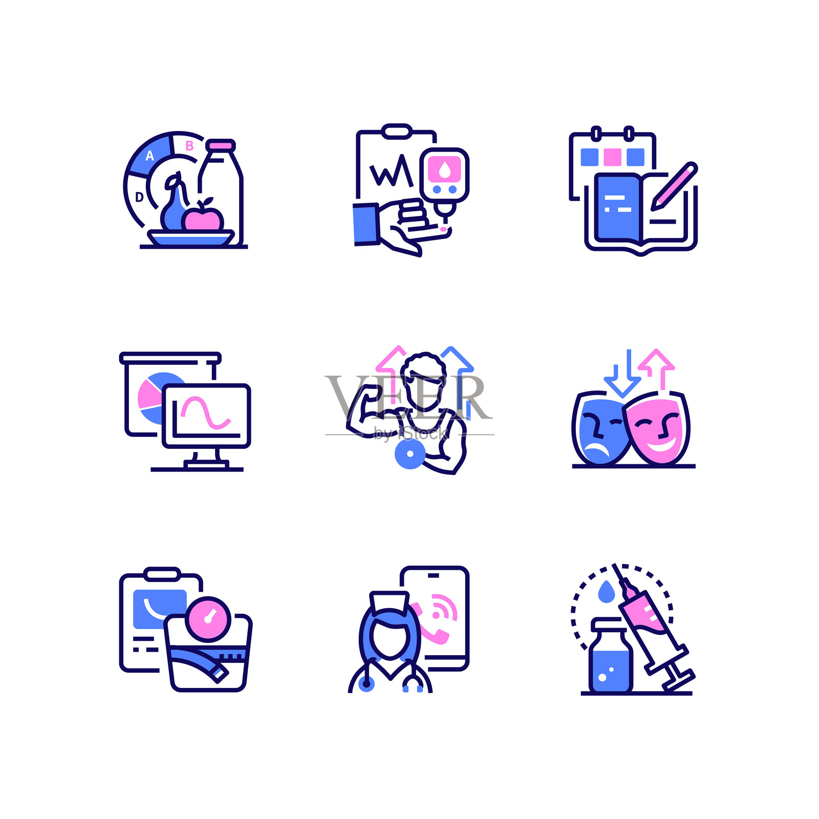 糖尿病 - 现代线条设计风格图标集插画图片素材