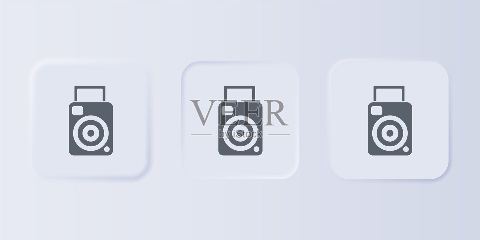 灰色相机图标，背景为灰色。照片相机图标。方形按钮中的图标集合。矢量图。插画图片素材