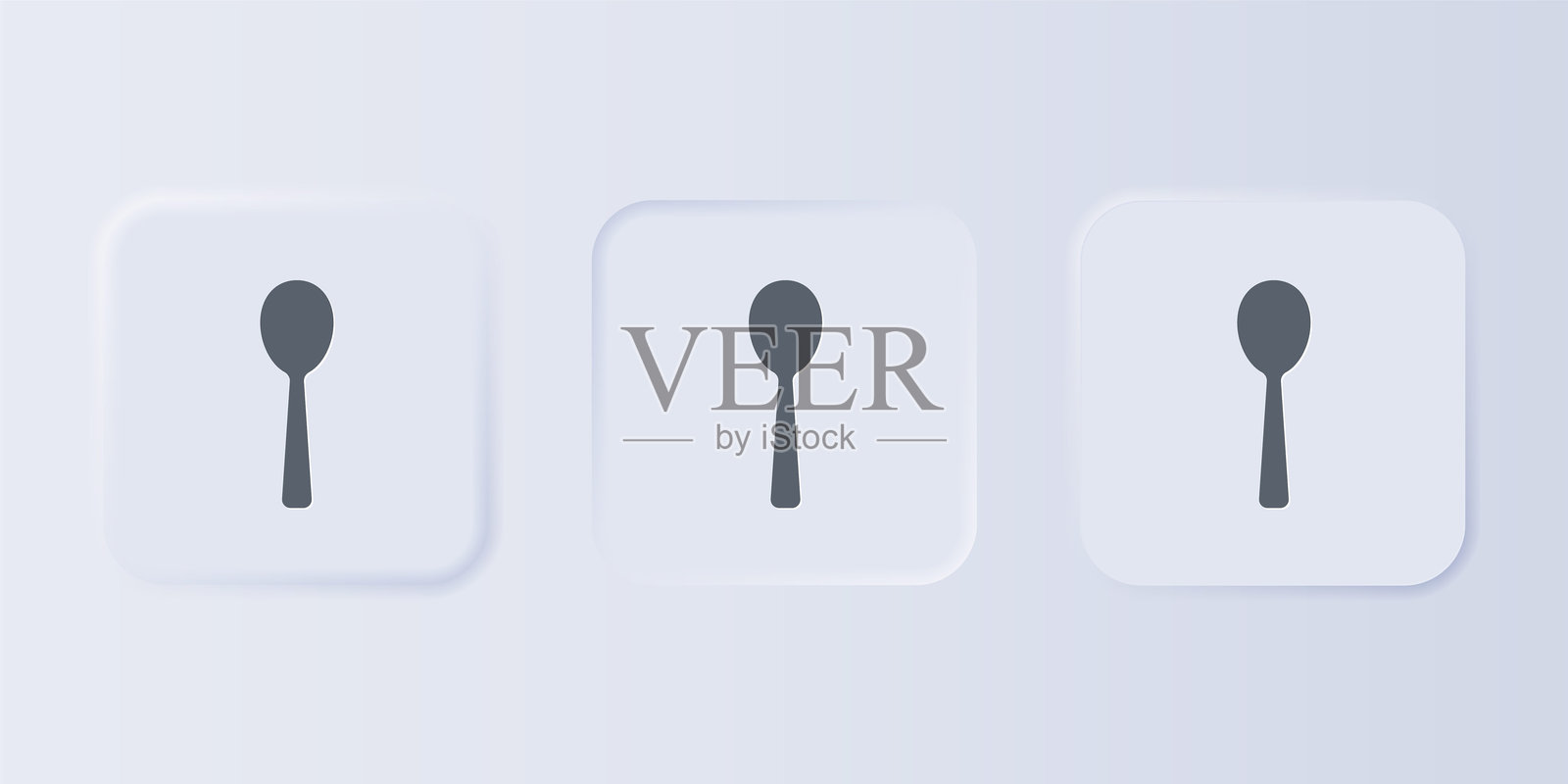 灰色勺子图标，背景为灰色。烹饪用具。餐具标志。方形按钮中的图标集合。矢量图。插画图片素材