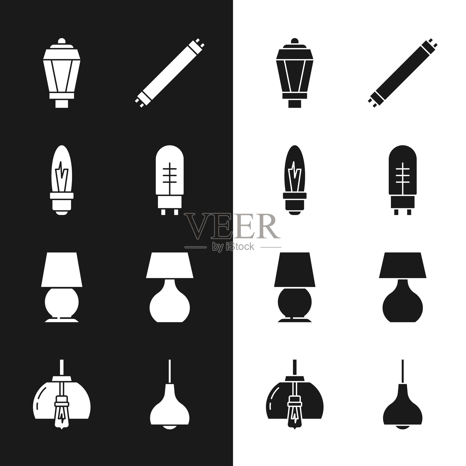 发光二极管、灯泡、花园灯、荧光灯、桌灯、吊灯和吊灯图标。矢量图。插画图片素材