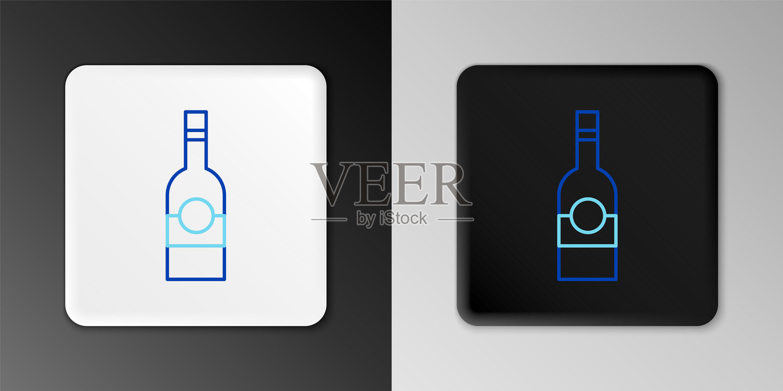 线条风格的伏特加玻璃瓶图标，背景为灰色。彩色轮廓概念。矢量图。插画图片素材