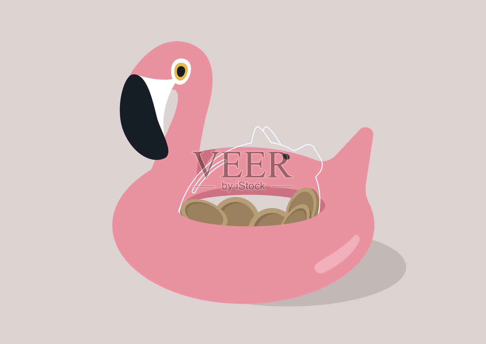 度假预算概念，一个储蓄罐漂浮在明亮的粉色火烈鸟上，营造出幽默的财务安全氛围插画图片素材