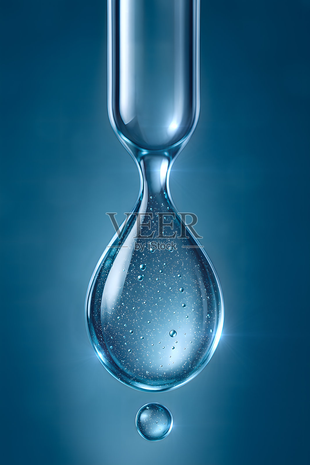 清晰的蓝色精华液滴特写3D渲染，带有微气泡照片摄影图片