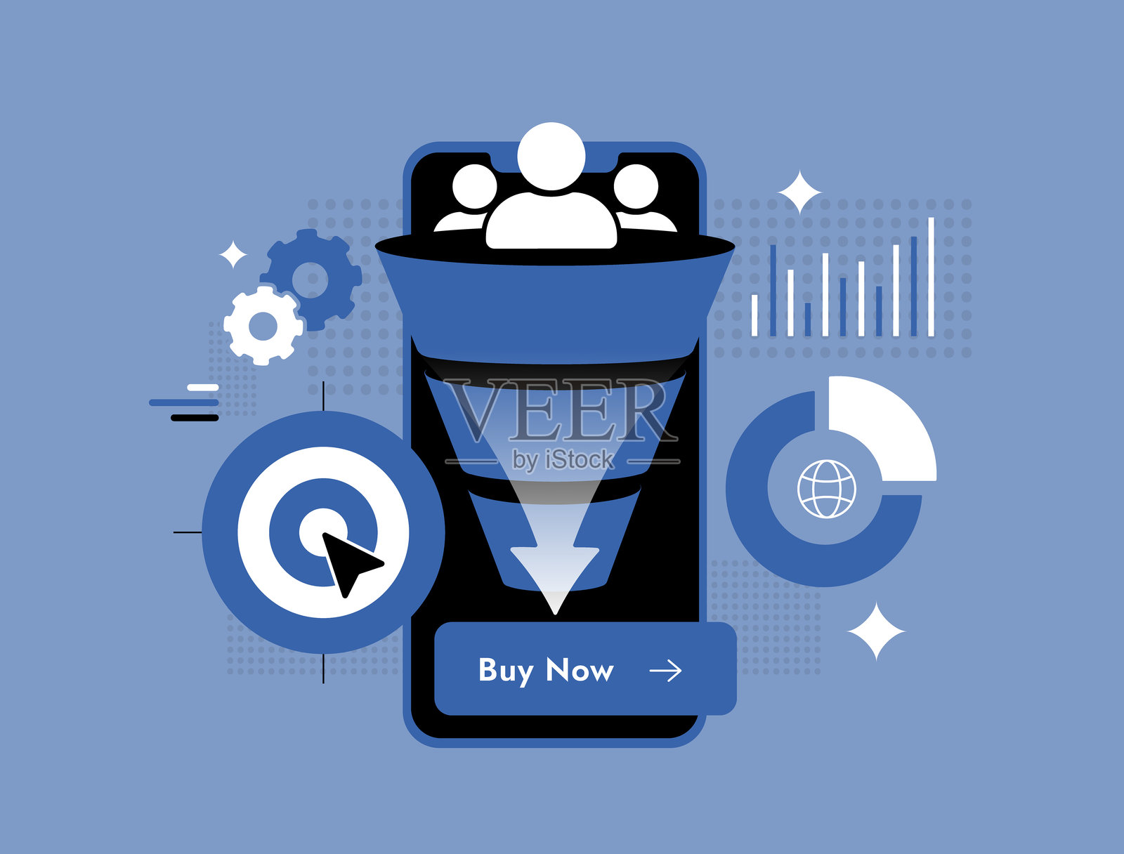 移动营销中的销售漏斗优化，包含转化跟踪业务、用户互动指标和点击购买按钮。销售漏斗优化扁平设计矢量插图及图标。插画图片素材