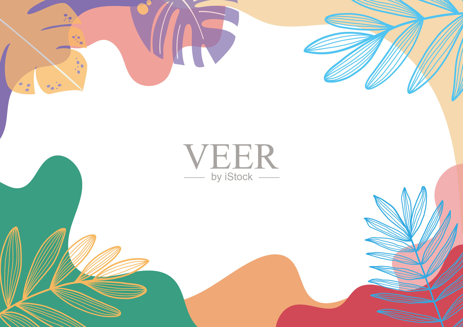 热带抽象框架，配有多彩的叶子和有机形状。适合夏季派对邀请函、海报、传单、贺卡或横幅的生动现代模板。插画图片素材