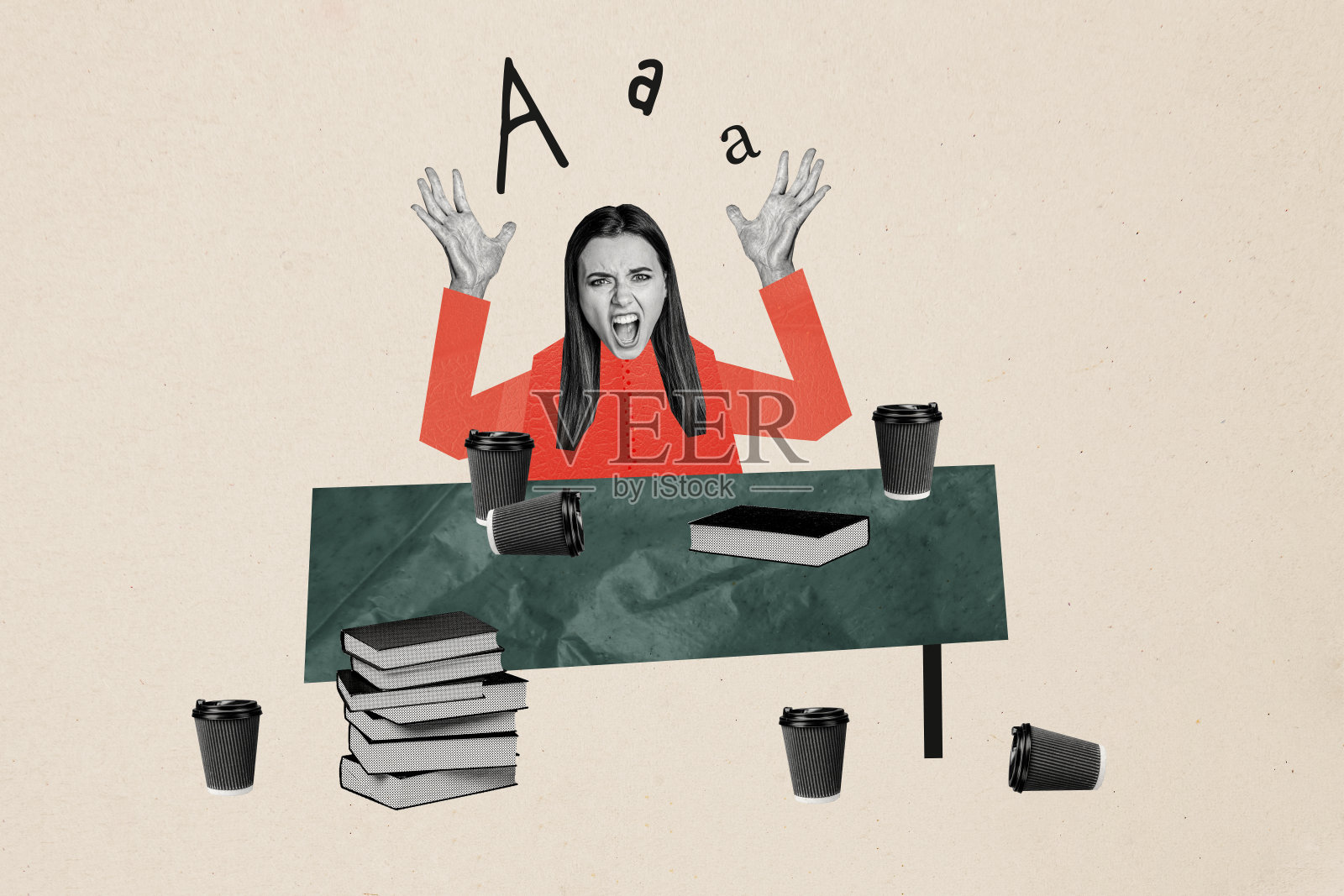 愤怒的女商人在工作压力、截止日期、办公室混乱中，手握咖啡杯和书籍，孤立在涂鸦背景上，拼贴照片合集。照片摄影图片