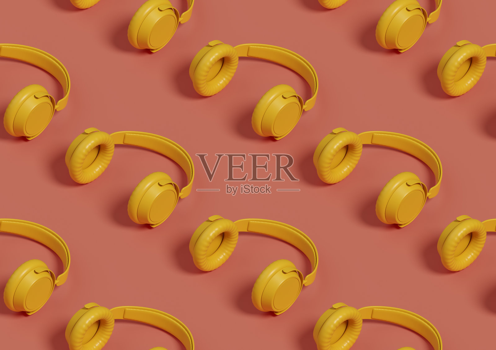 无缝等距的黄色耳机图案。3D插图。照片摄影图片