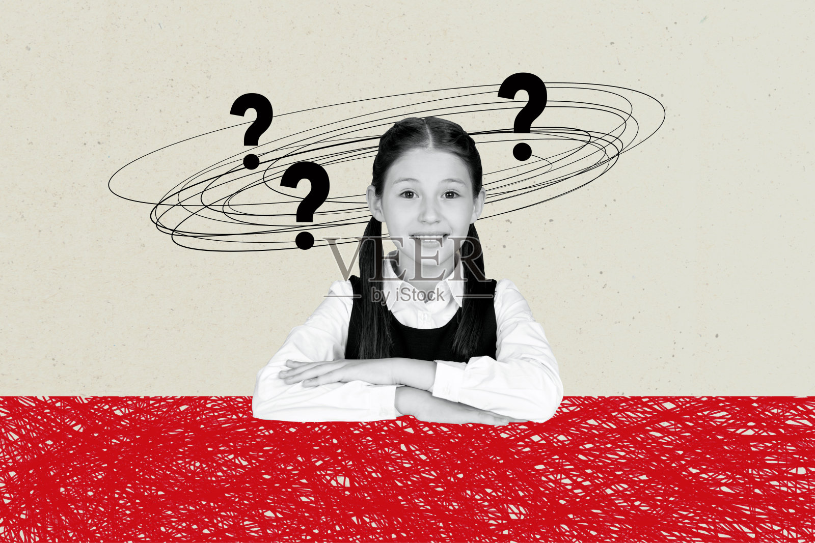 复古风格的3D拼贴图，描绘了一个搞笑女孩、问号、学校日、购物、儿童教育概念，适用于杂志、广告牌、漫画和小册子，风格简约。照片摄影图片