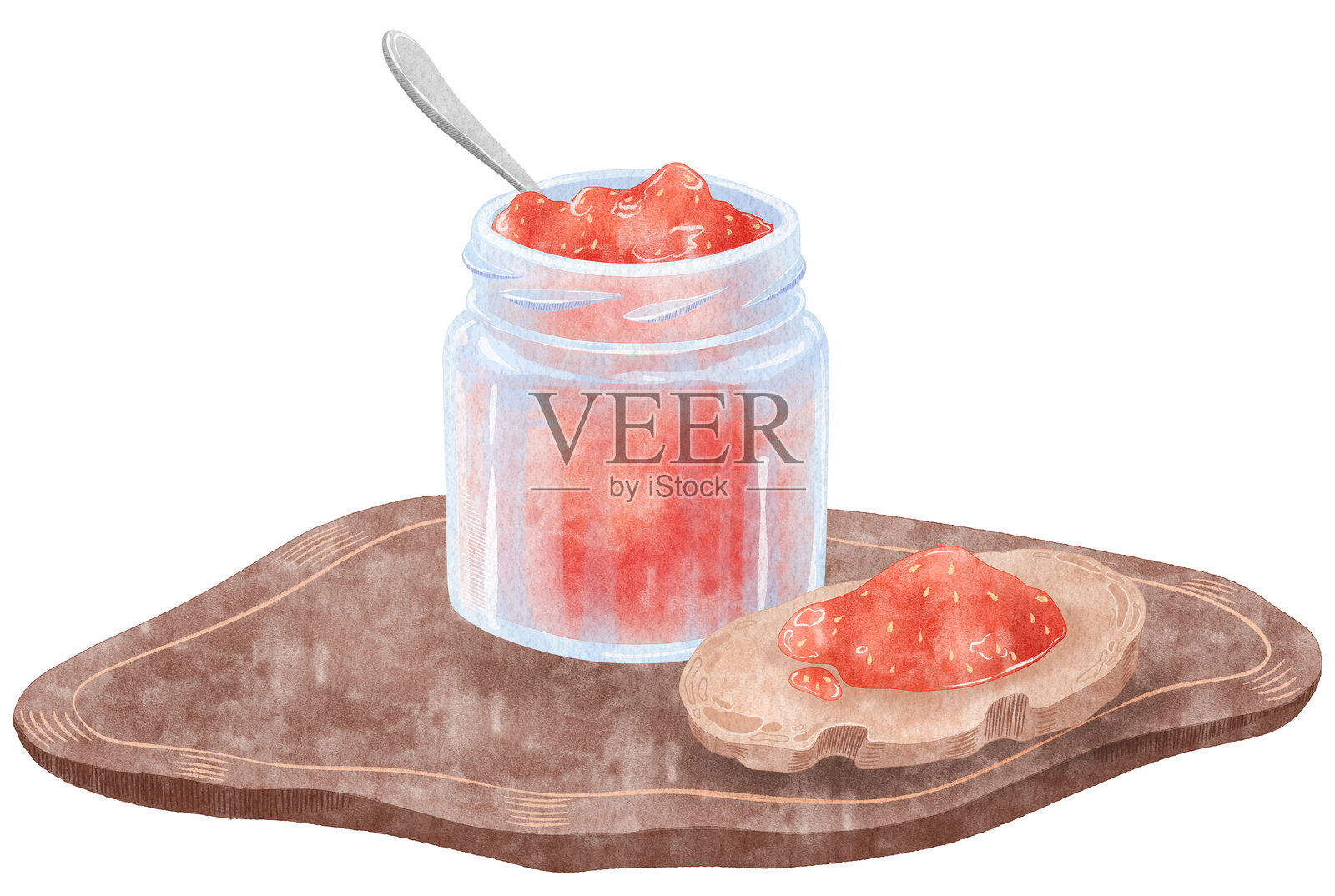 水彩画作品，描绘了一个装有草莓酱的罐子、一片涂有草莓酱的三明治和草莓。插画图片素材