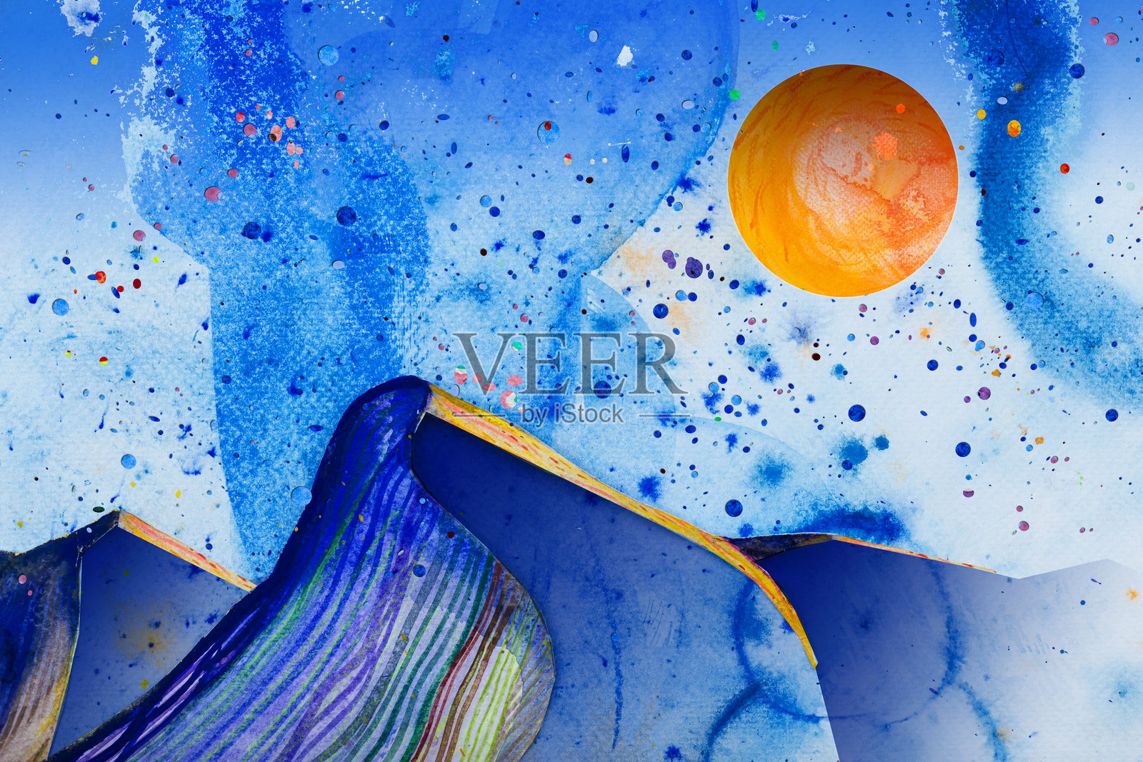 梦幻般的水彩画，描绘山脉与天空插画图片素材