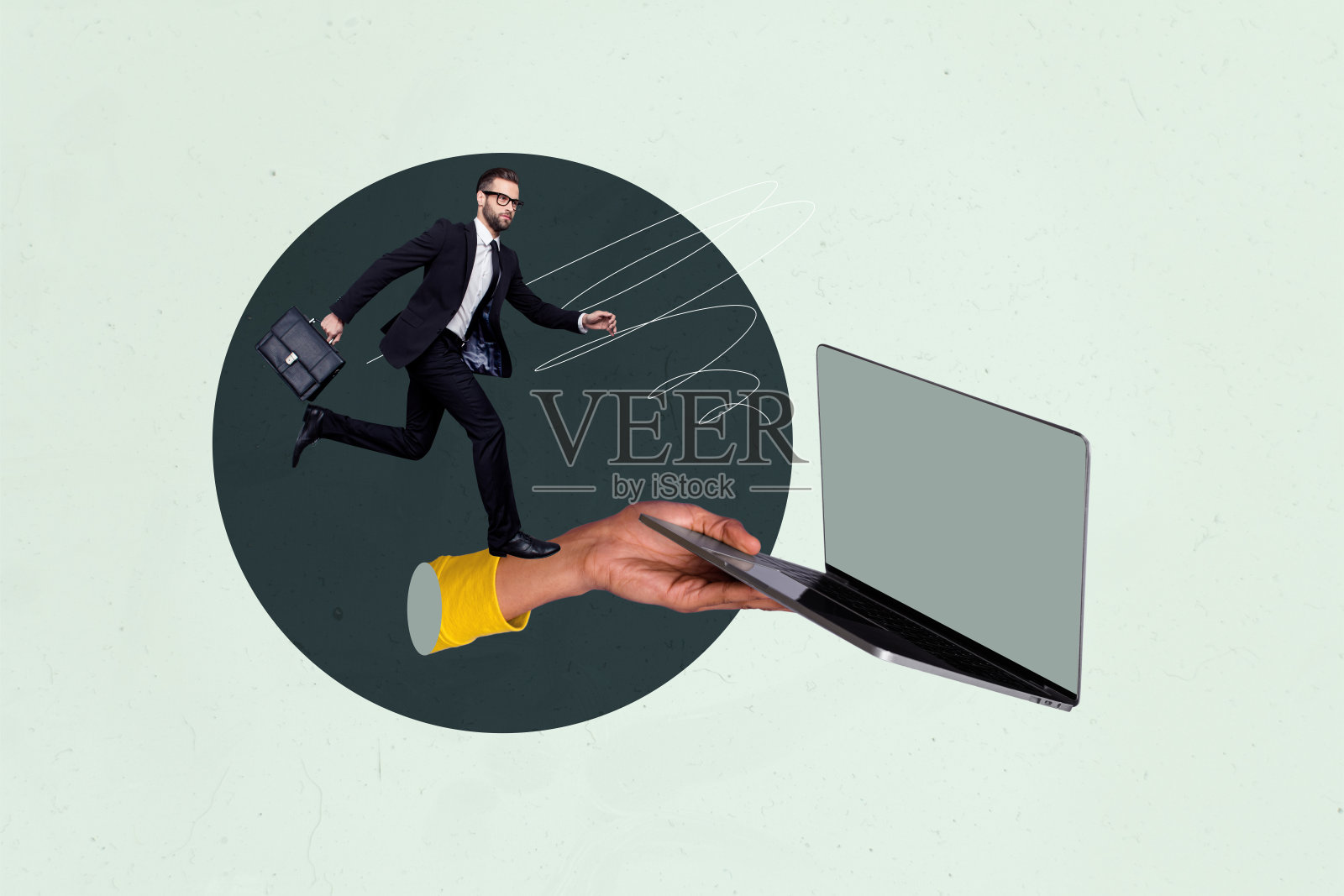 快乐的商人和商女人士站在笔记本电脑前的复合3D艺术流行图像拼贴，展示自由职业者程序员在解码。照片摄影图片