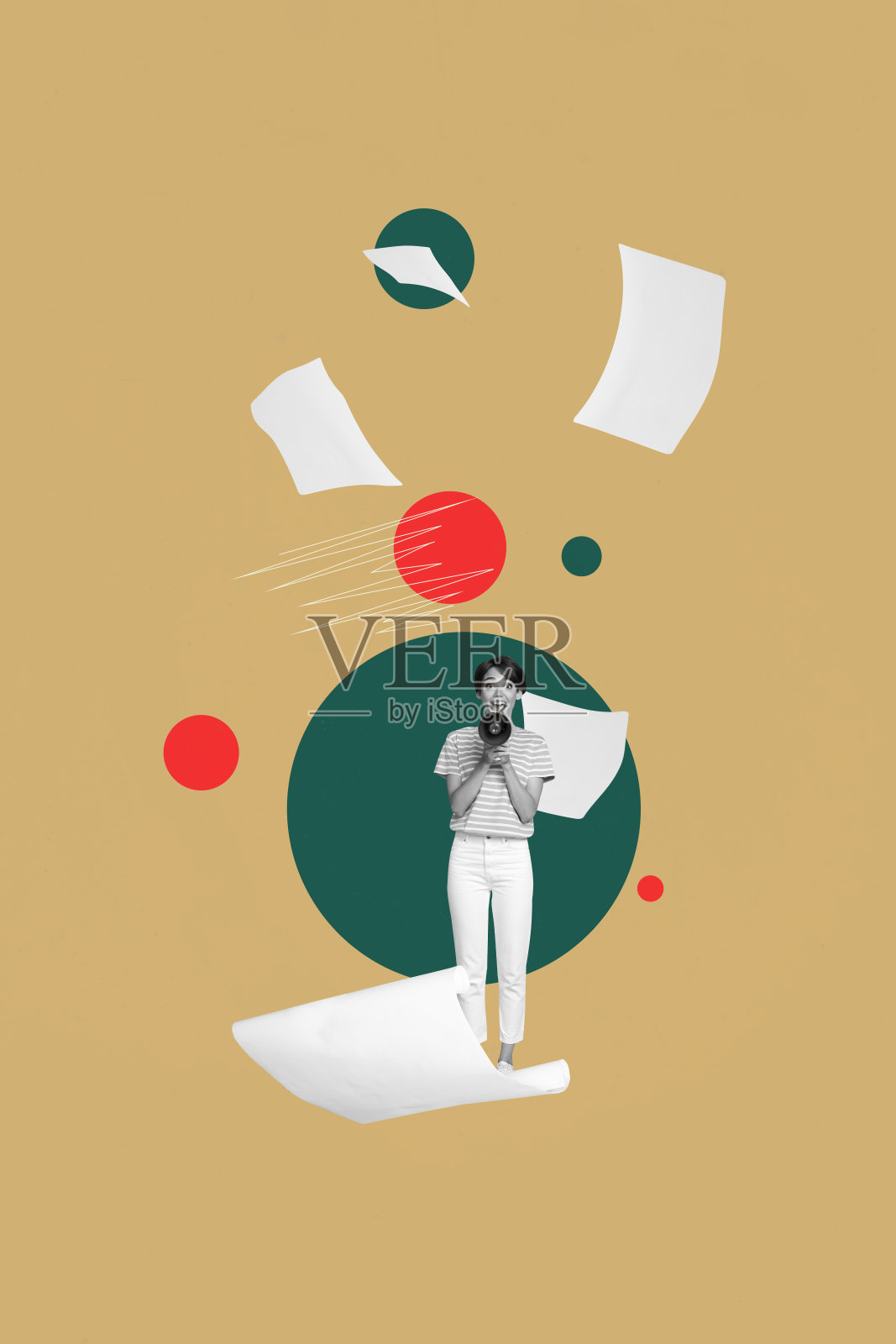 快乐的女商人和男商人手持纸质文件、简历，展示进展与发展的3D海报艺术拼贴横幅照片摄影图片