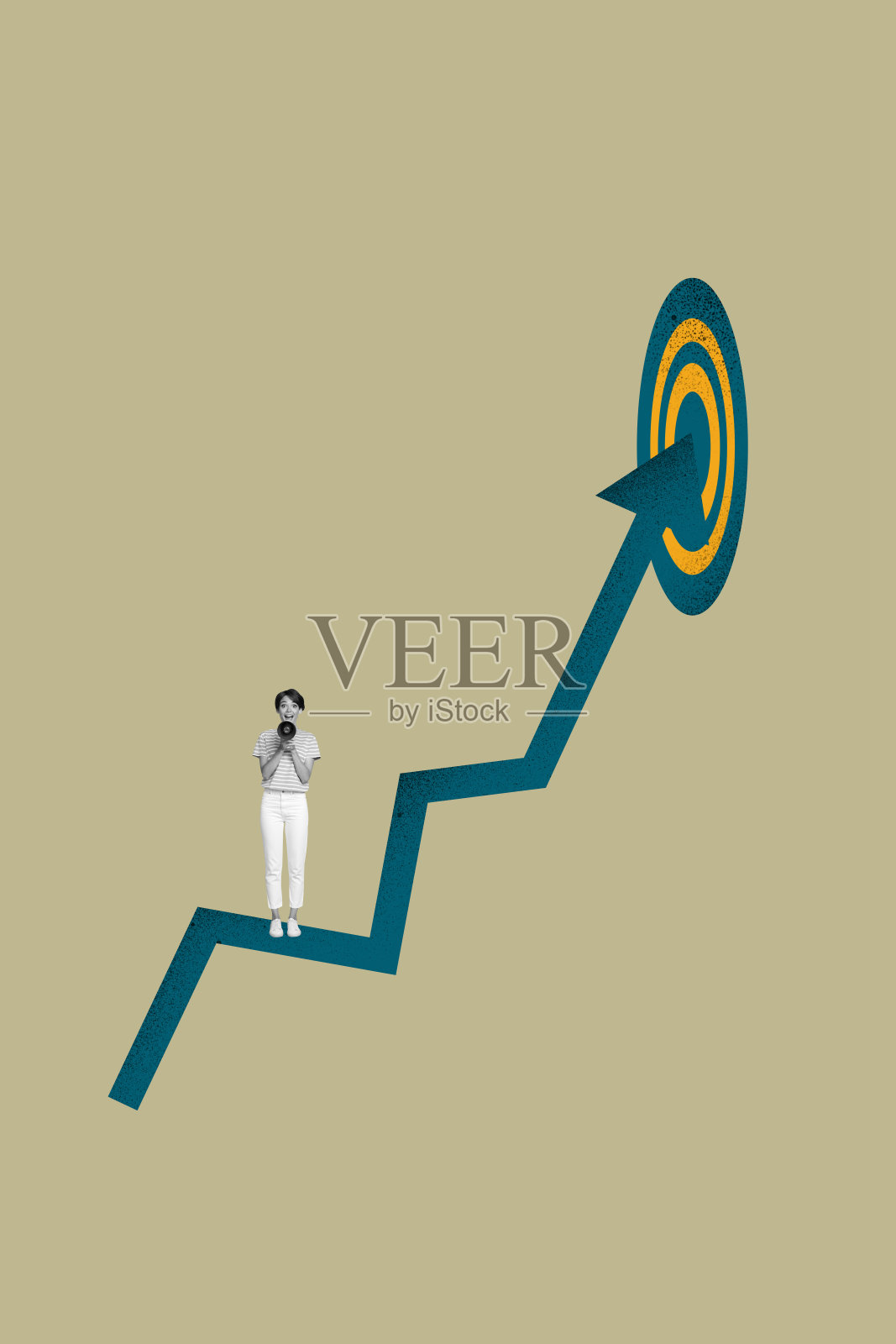 时尚的竖幅横幅，创意拼贴展示快乐的女商人和男商人站在目标成就、职业晋升的背景下。照片摄影图片