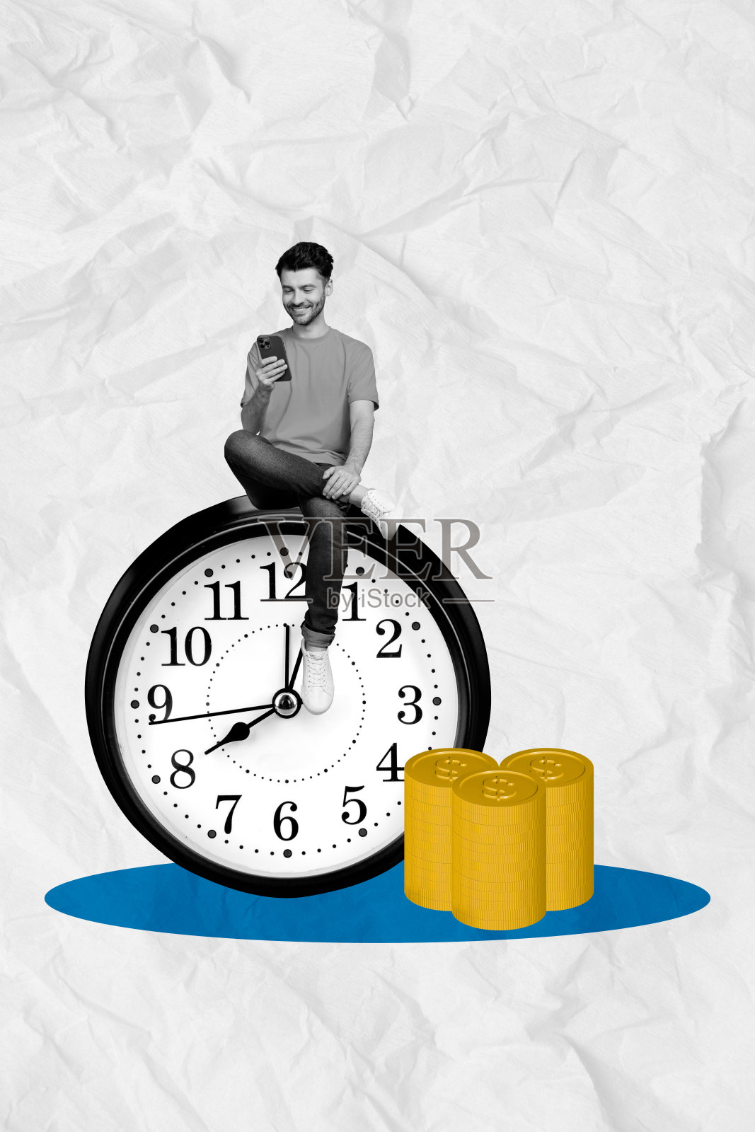 创意当代艺术拼贴，展示一位商务人士在白色背景下使用手机在互联网上赚钱。照片摄影图片